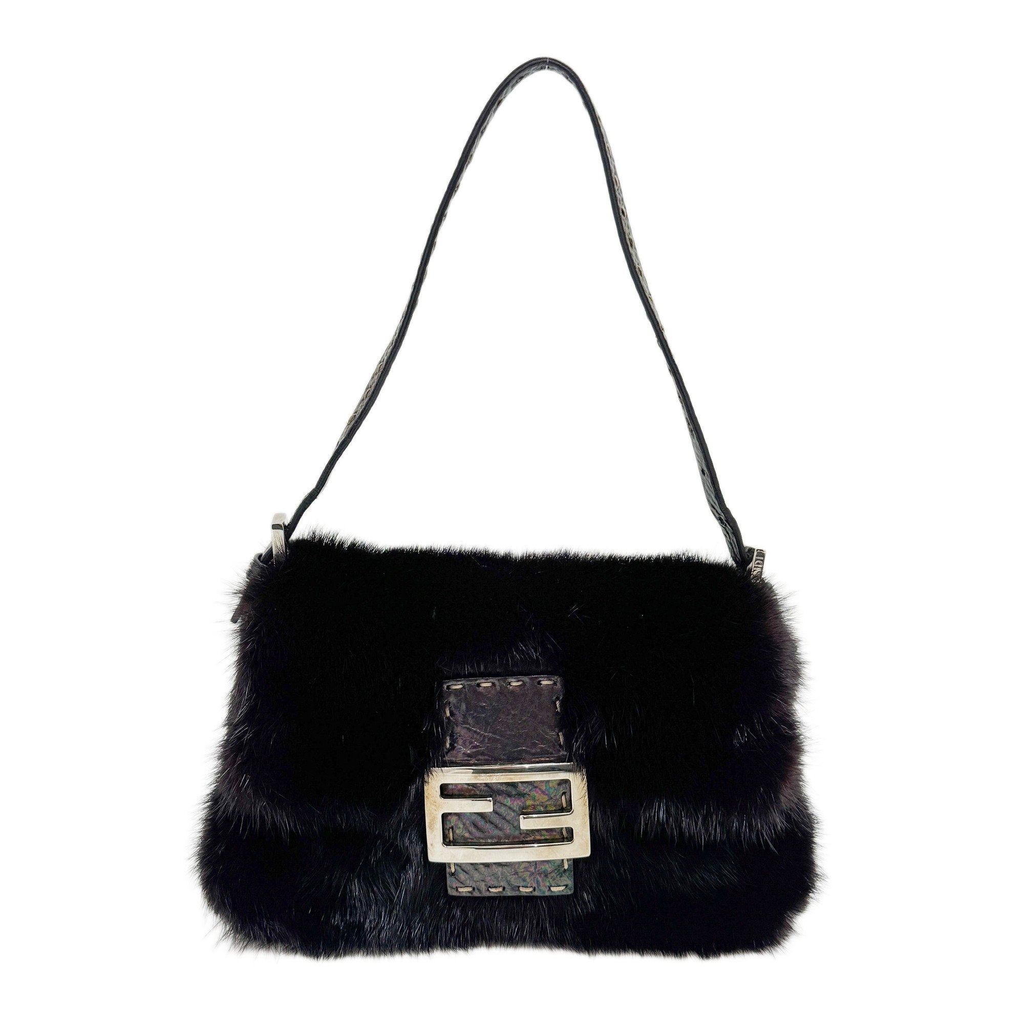 Mini Mamma Baguette Black Fur Shoulder Bag