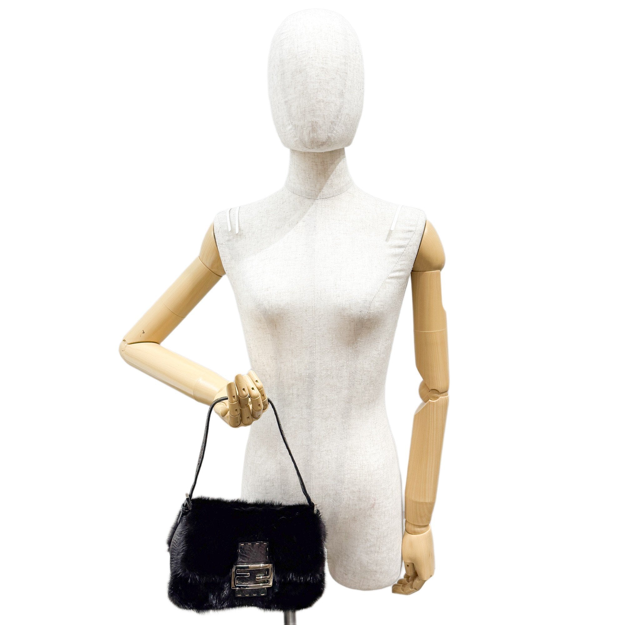 Mini Mamma Baguette Black Fur Shoulder Bag