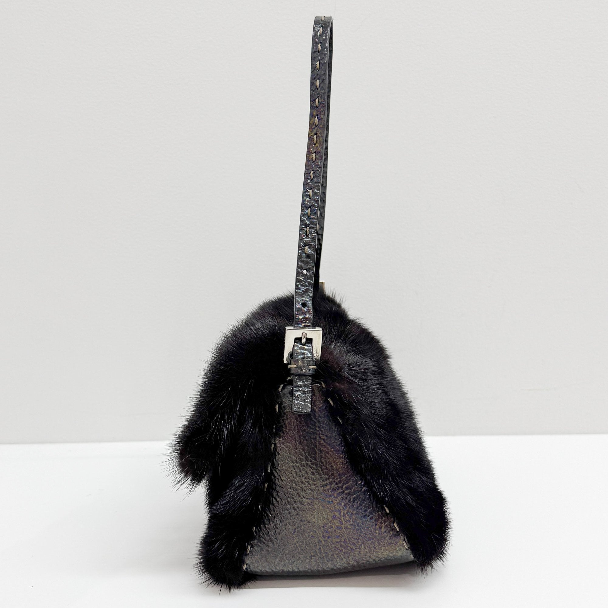 Mini Mamma Baguette Black Fur Shoulder Bag