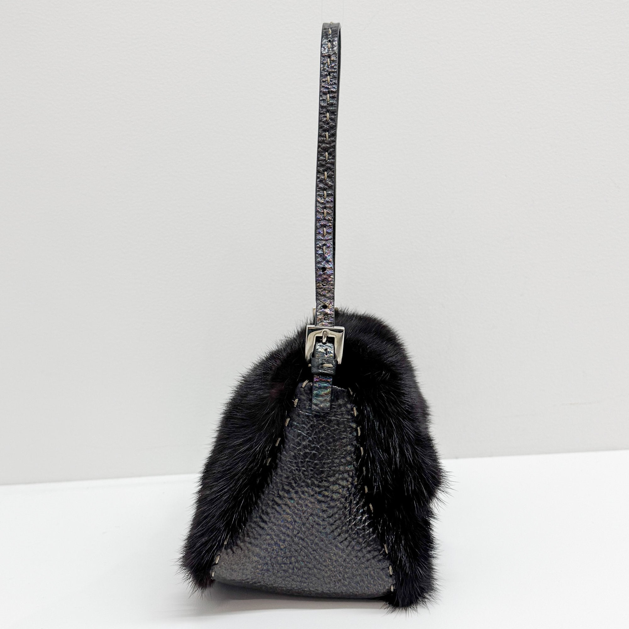 Mini Mamma Baguette Black Fur Shoulder Bag