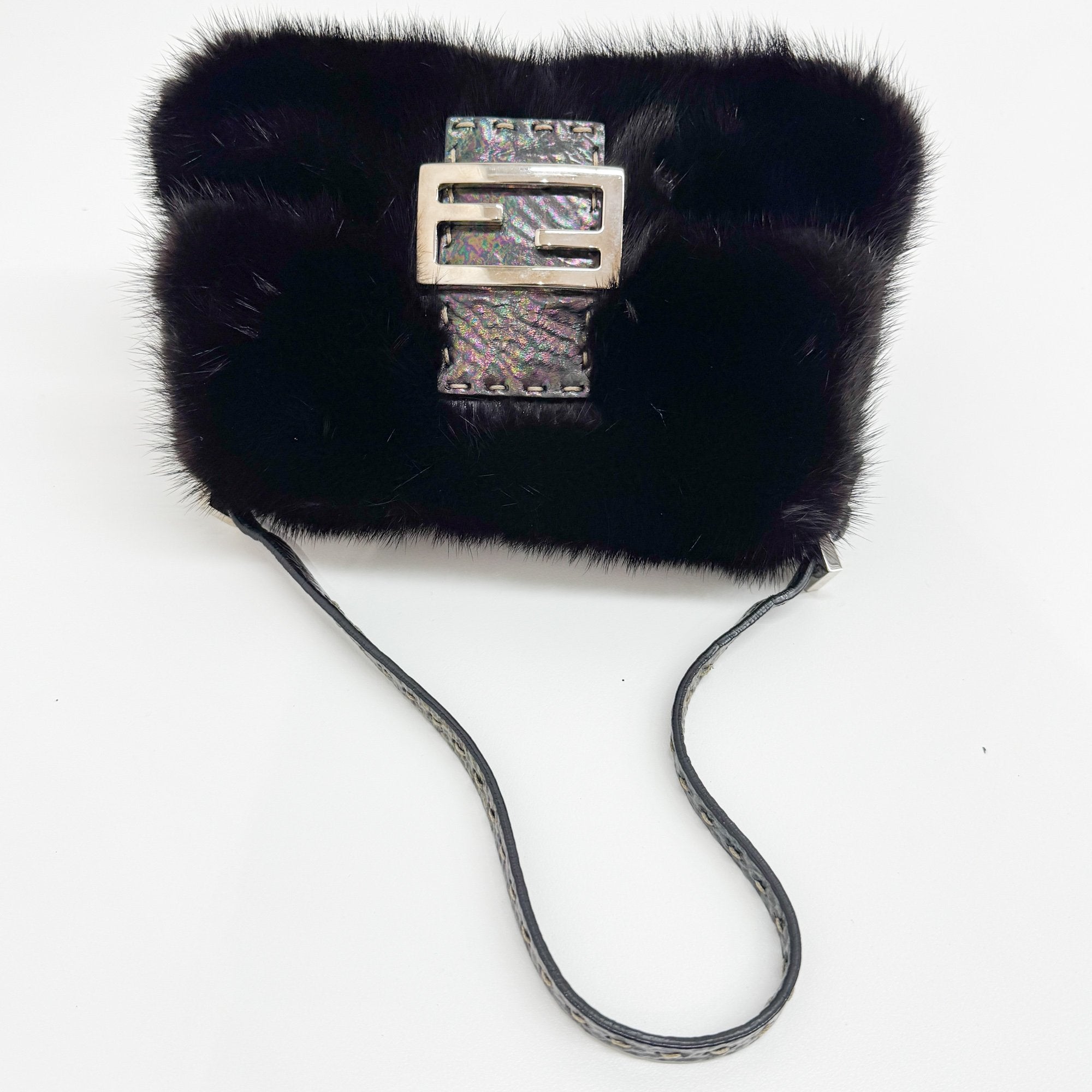 Mini Mamma Baguette Black Fur Shoulder Bag