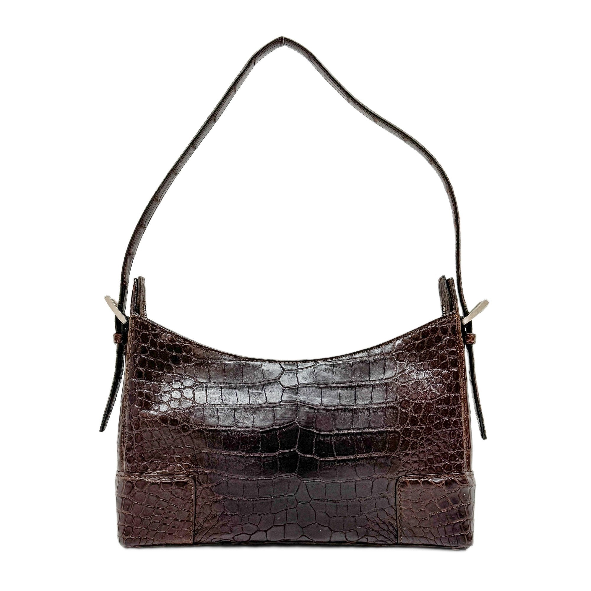 Brown Crocodile Embossed Leather Shoulder Bag
