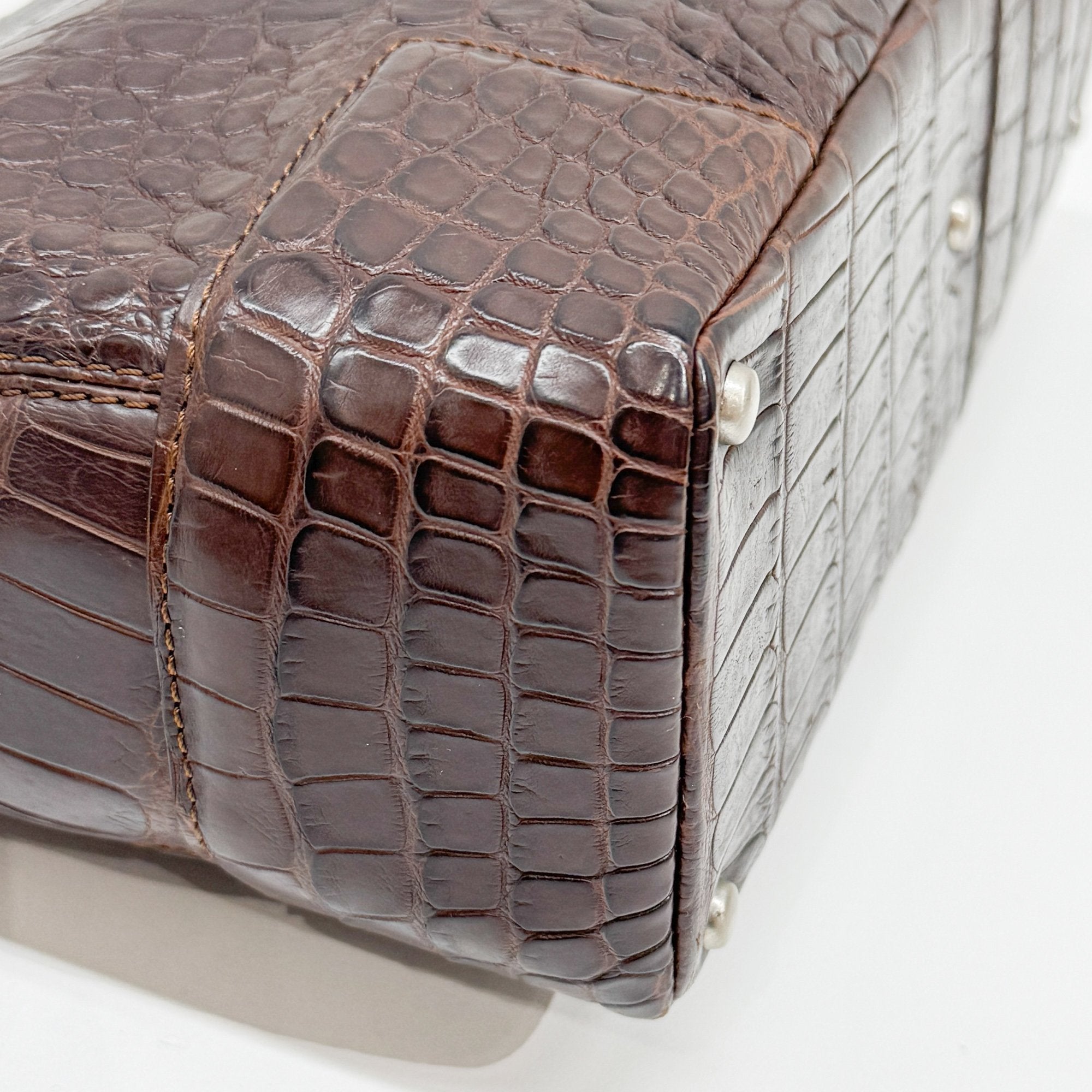 Brown Crocodile Embossed Leather Shoulder Bag