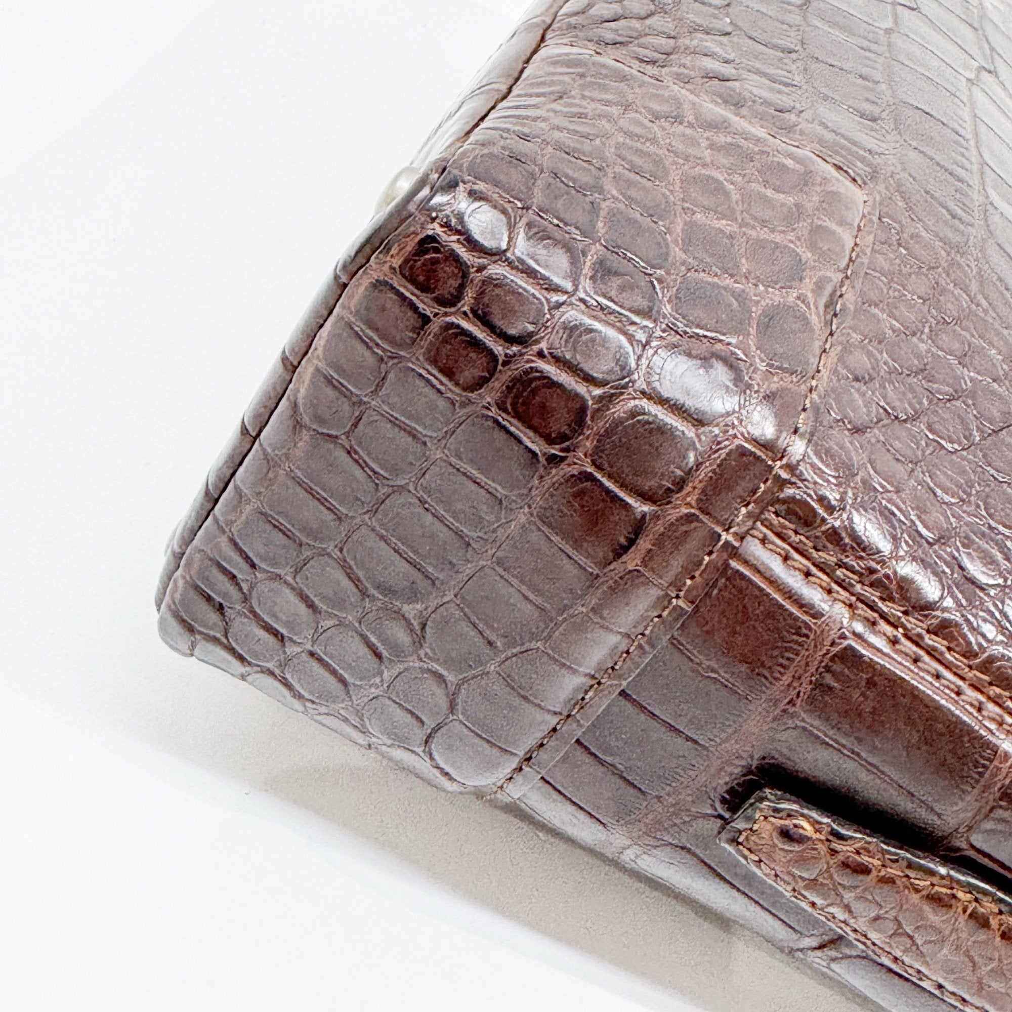 Brown Crocodile Embossed Leather Shoulder Bag