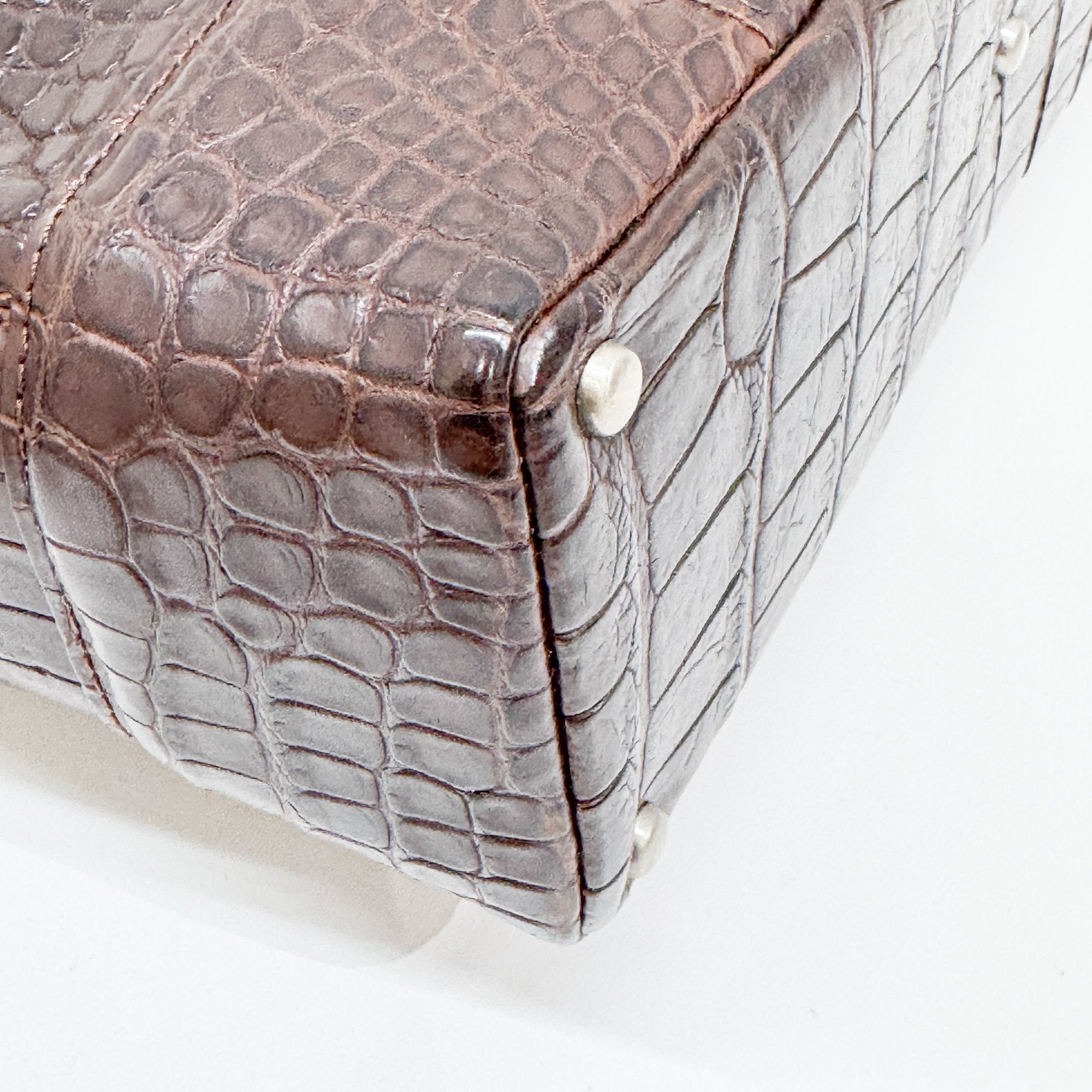 Brown Crocodile Embossed Leather Shoulder Bag