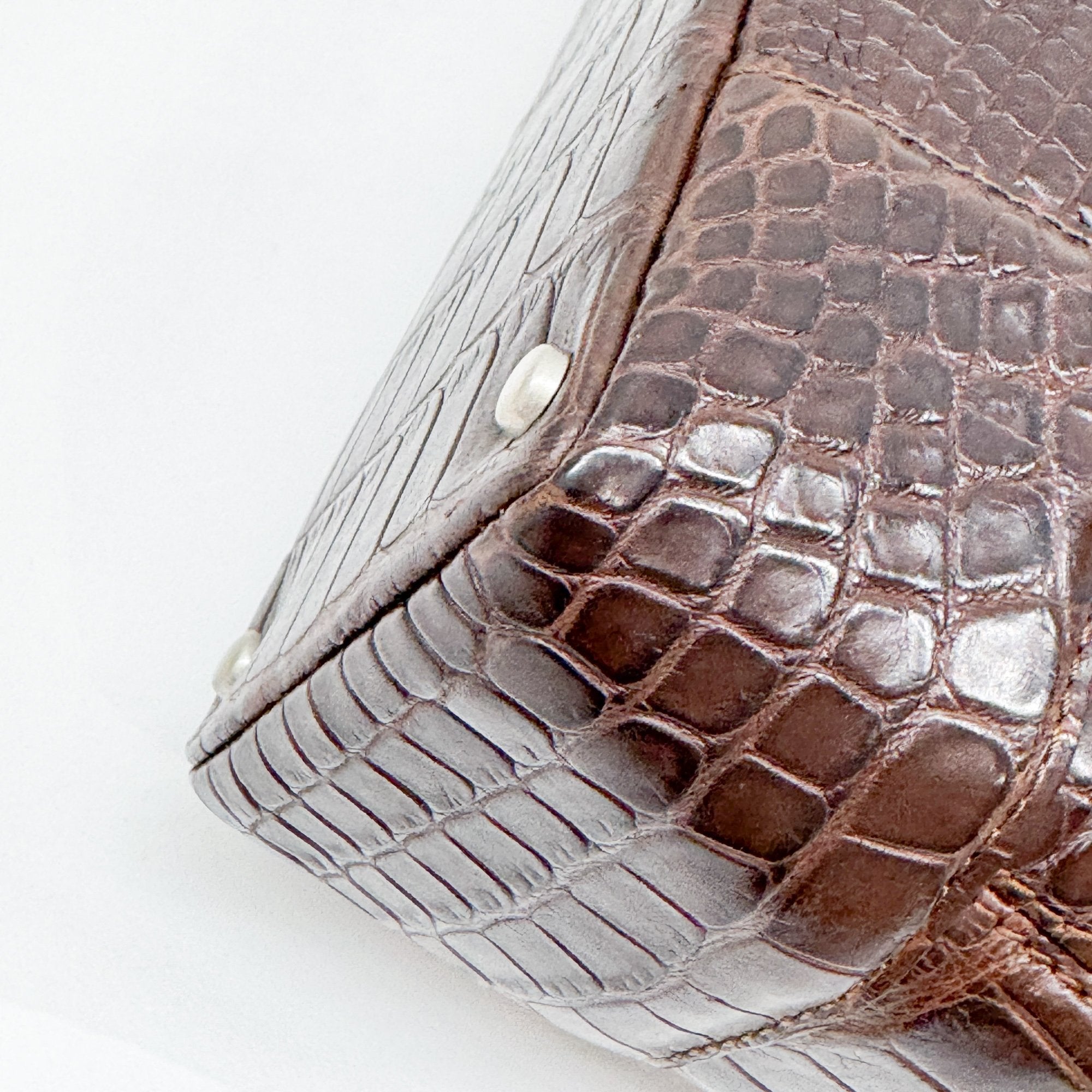 Brown Crocodile Embossed Leather Shoulder Bag