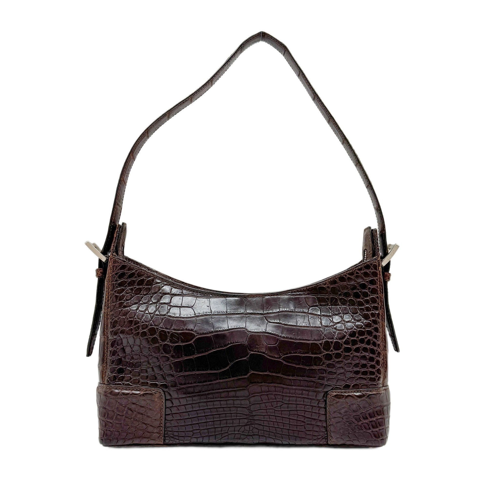 Brown Crocodile Embossed Leather Shoulder Bag