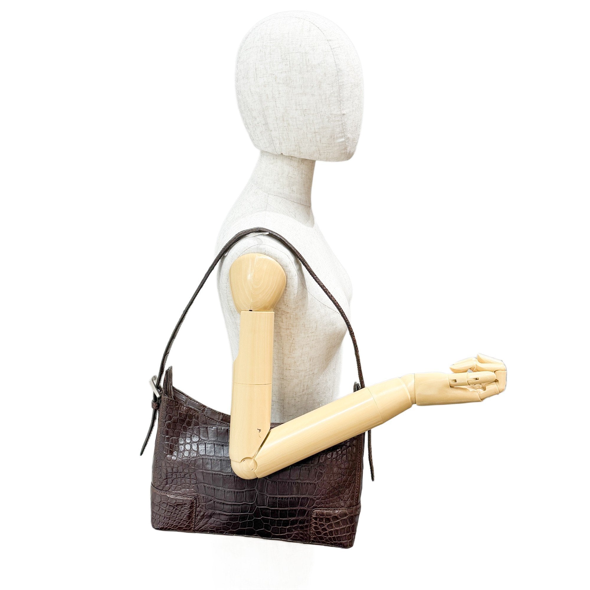 Brown Crocodile Embossed Leather Shoulder Bag