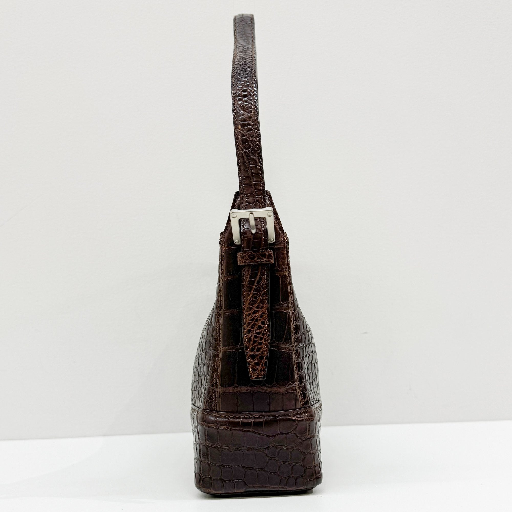 Brown Crocodile Embossed Leather Shoulder Bag