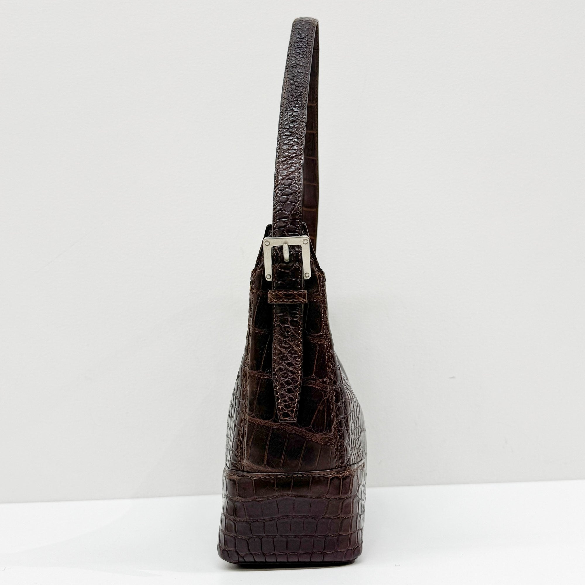 Brown Crocodile Embossed Leather Shoulder Bag