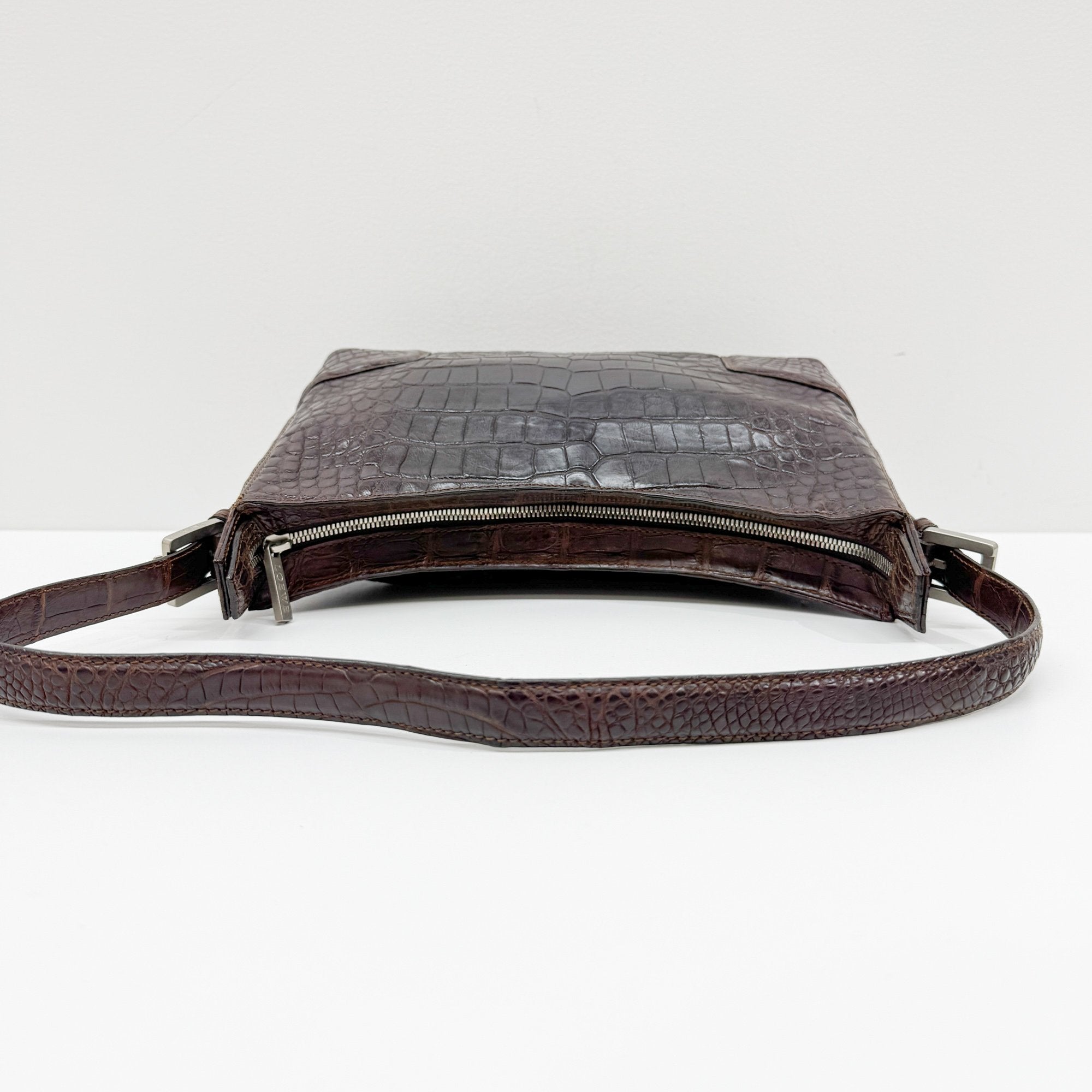 Brown Crocodile Embossed Leather Shoulder Bag