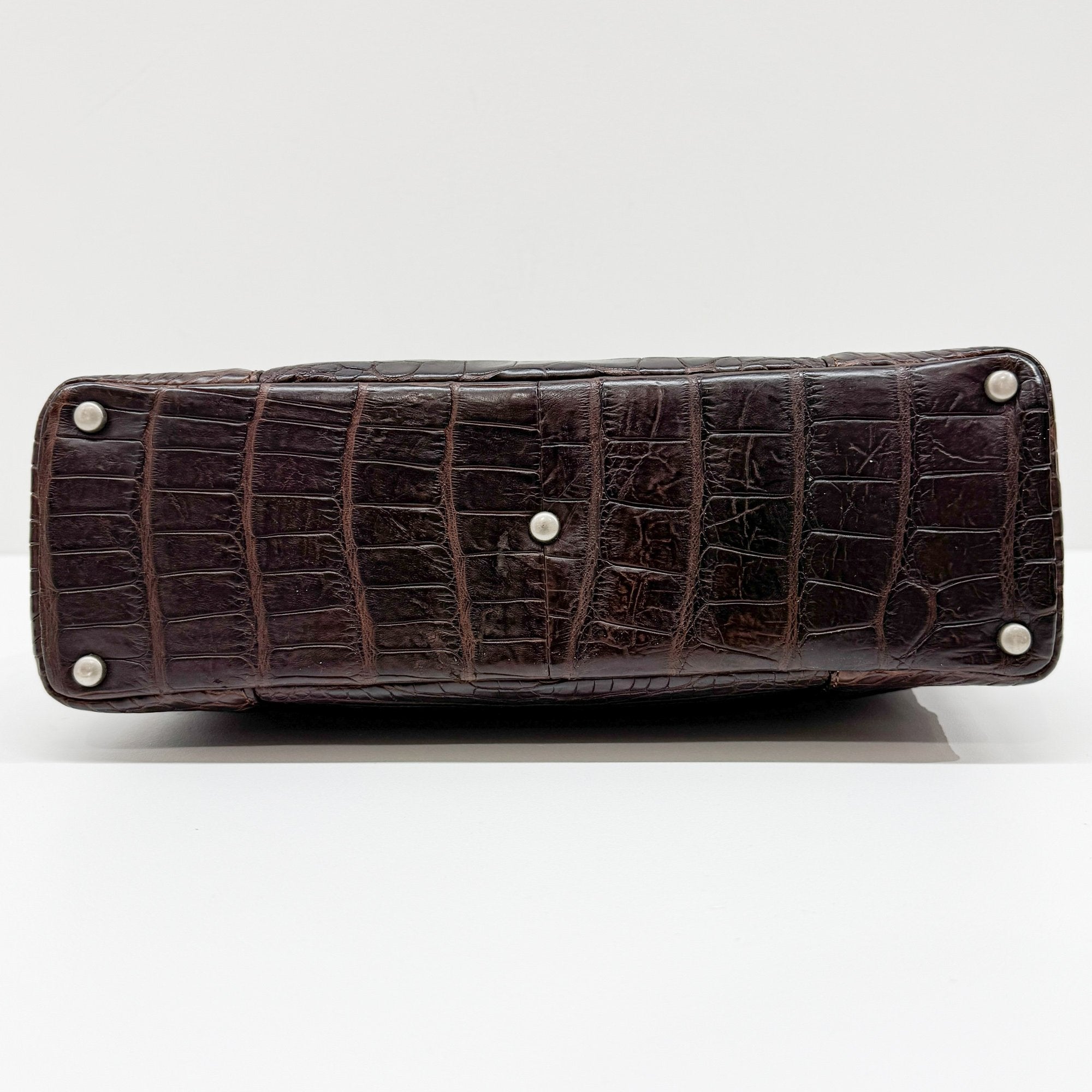 Brown Crocodile Embossed Leather Shoulder Bag