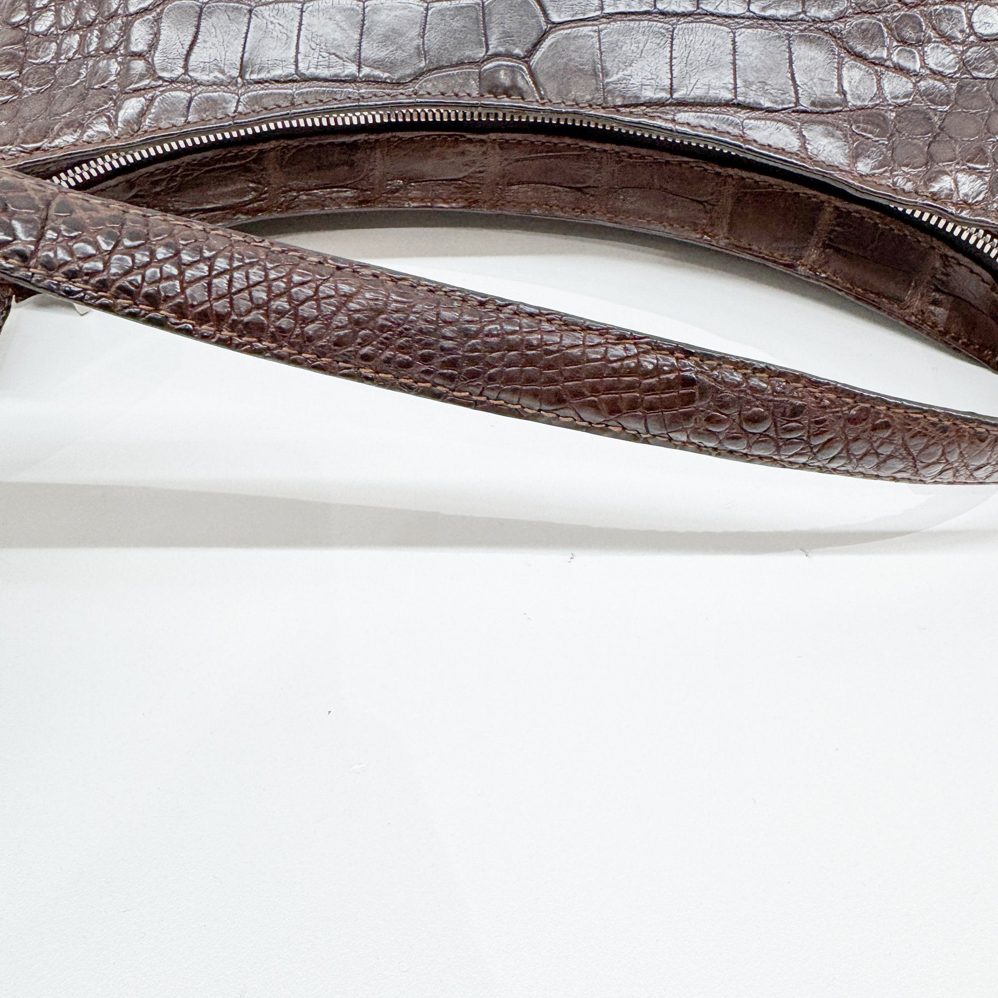 Brown Crocodile Embossed Leather Shoulder Bag
