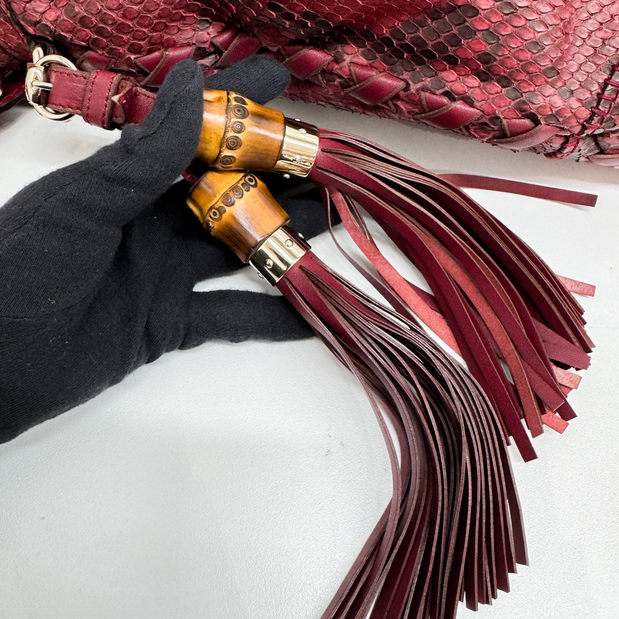 Jackie Red & Black Python Embossed Leather Two Way Tote Bag