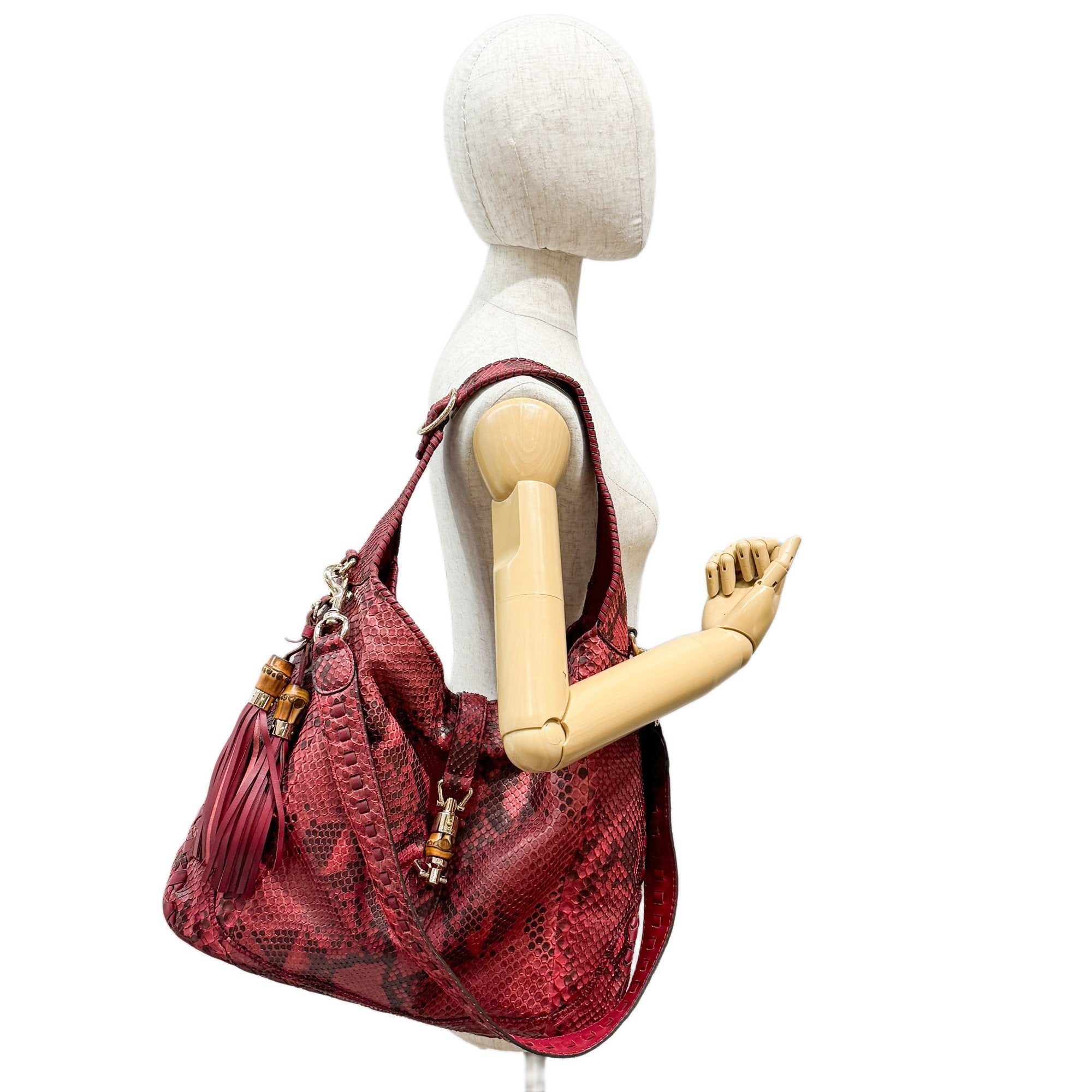 Jackie Red & Black Python Embossed Leather Two Way Tote Bag