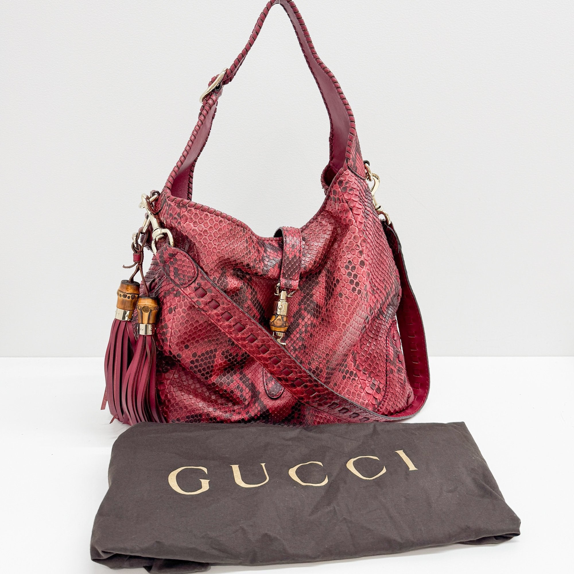 Jackie Red & Black Python Embossed Leather Two Way Tote Bag