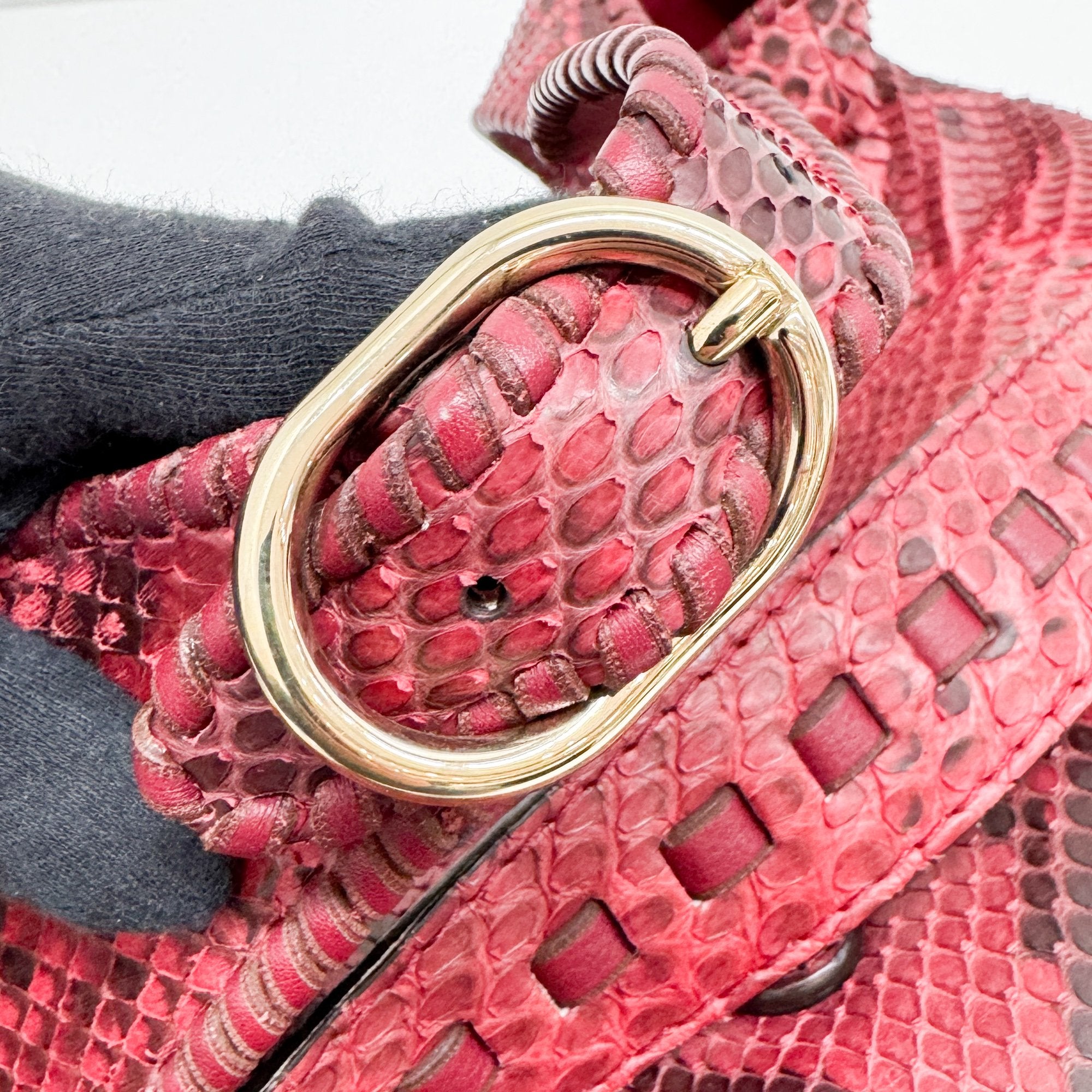 Jackie Red & Black Python Embossed Leather Two Way Tote Bag