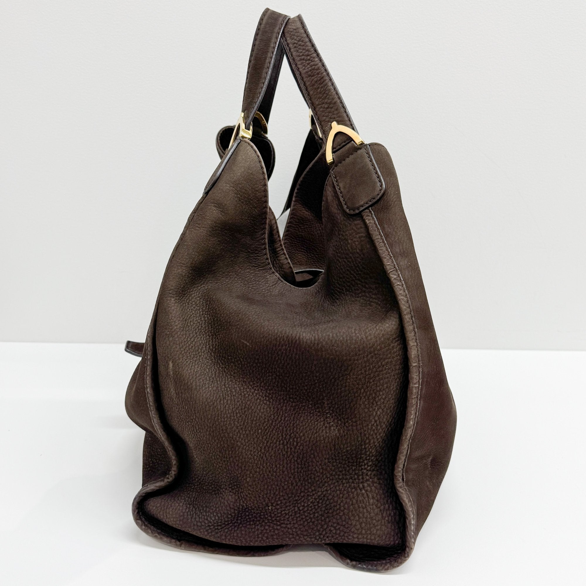 Stirrup Dark Brown Nubuck Leather Shoulder Bag