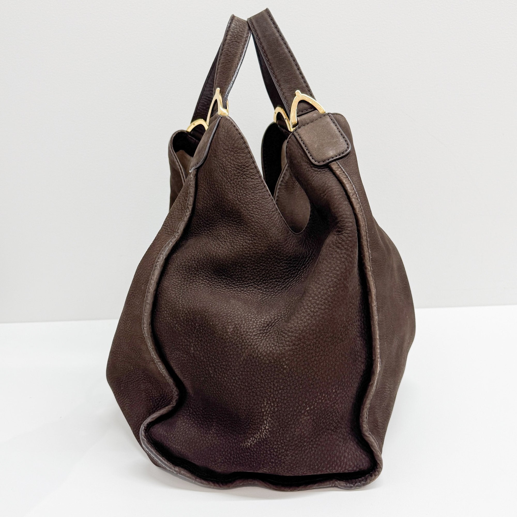 Stirrup Dark Brown Nubuck Leather Shoulder Bag