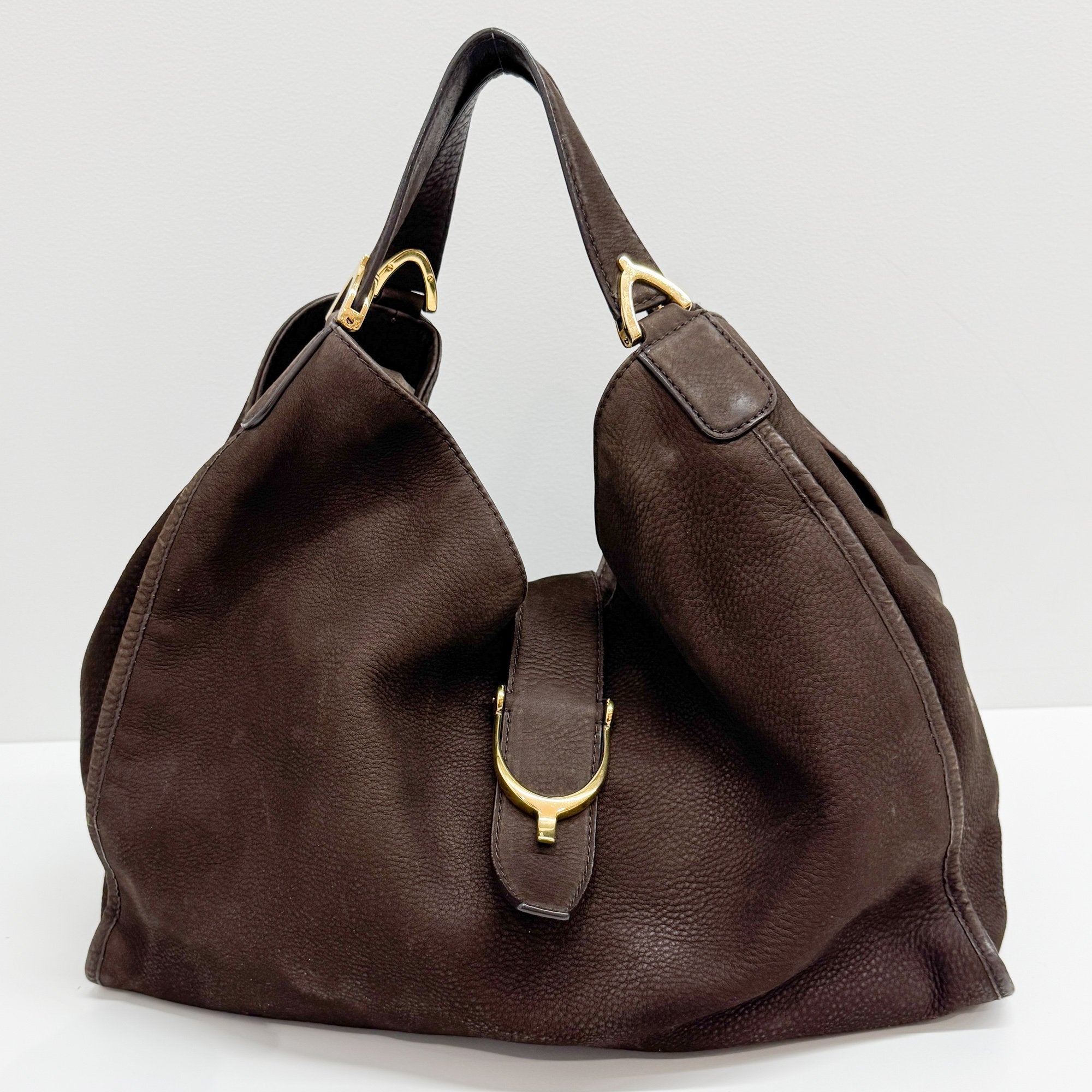 Stirrup Dark Brown Nubuck Leather Shoulder Bag