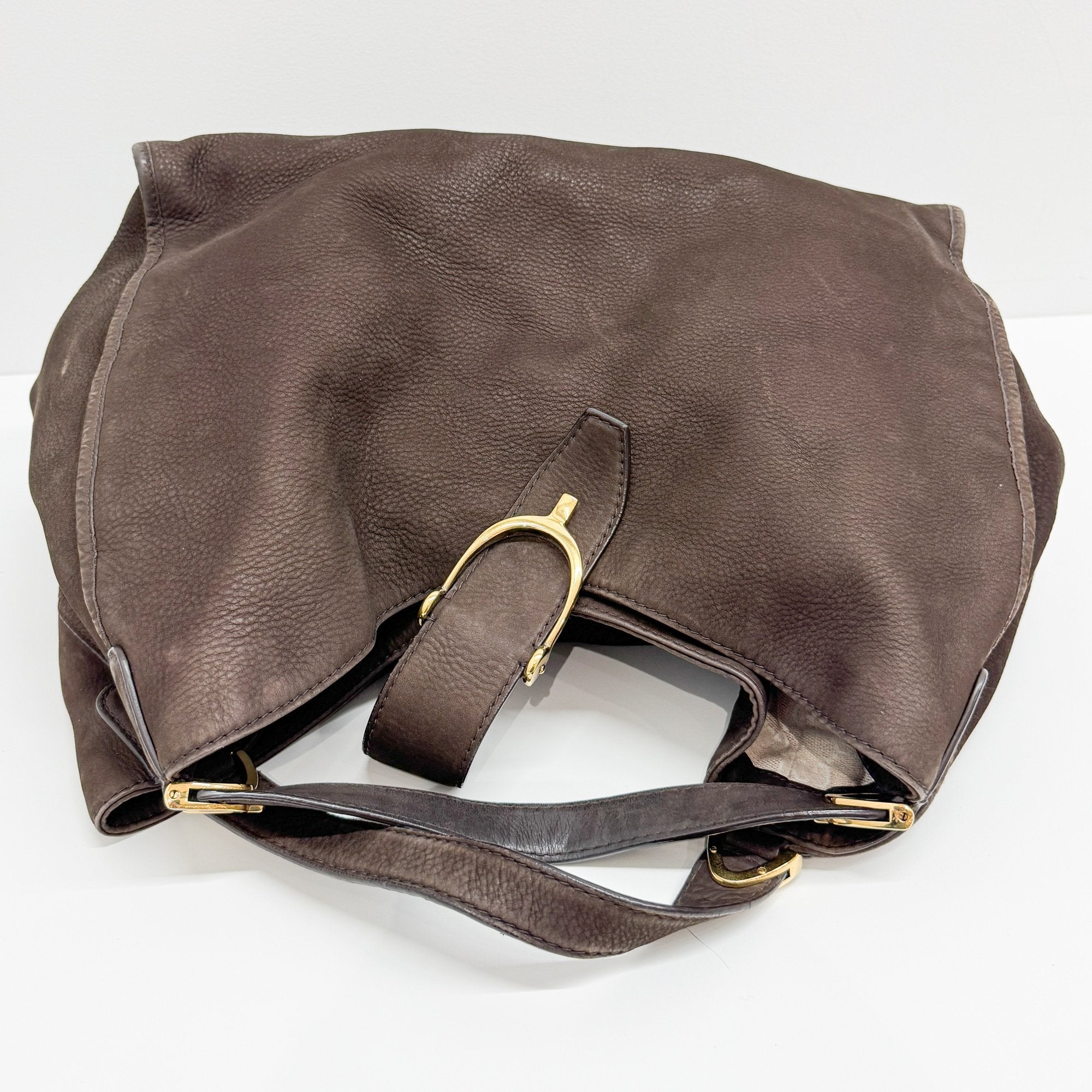 Stirrup Dark Brown Nubuck Leather Shoulder Bag