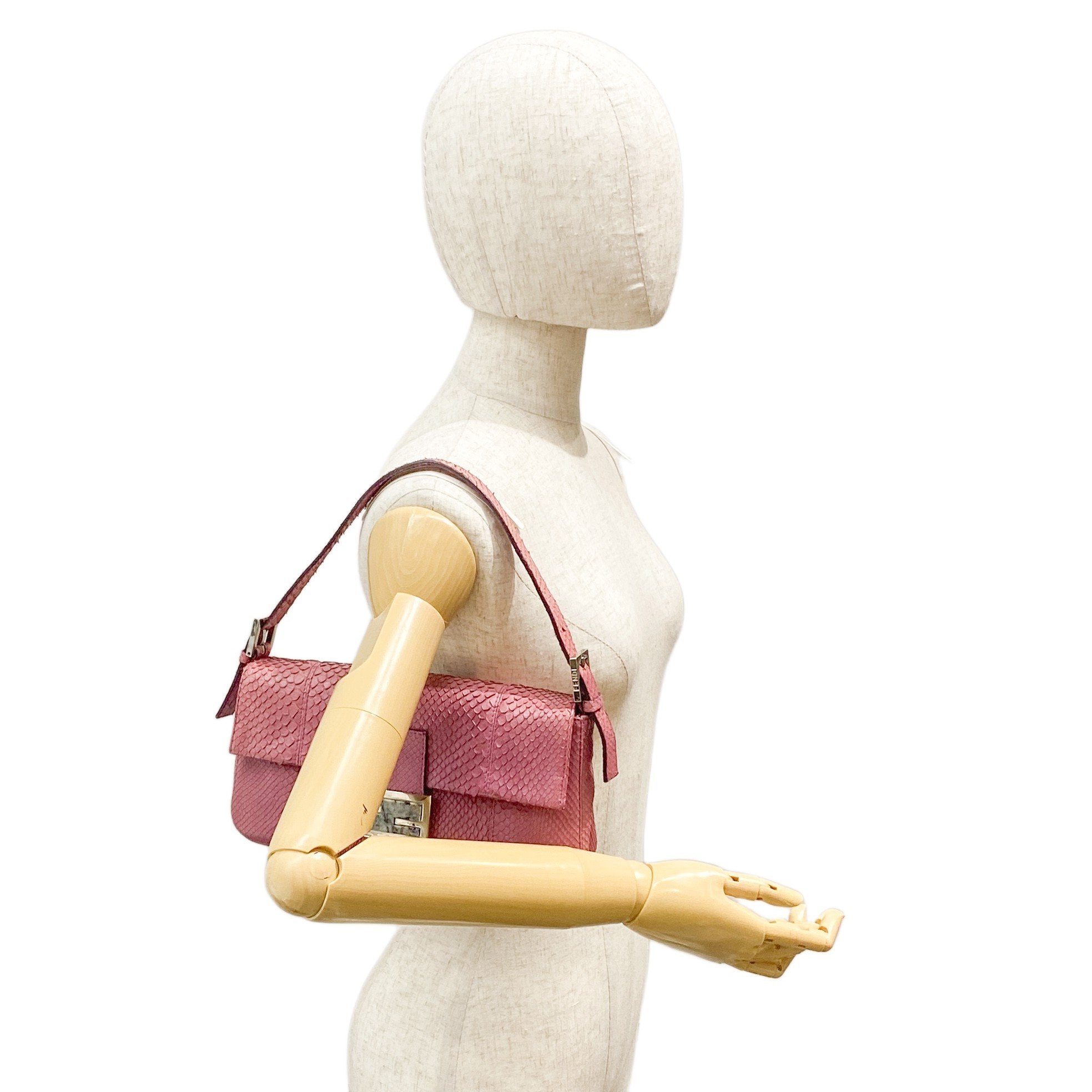 Baguette Pink Python Embossed Leather Shoulder Bag