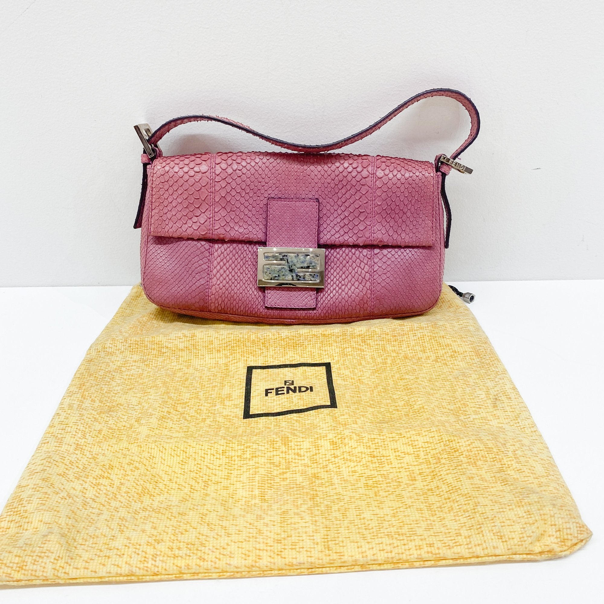 Baguette Pink Python Embossed Leather Shoulder Bag