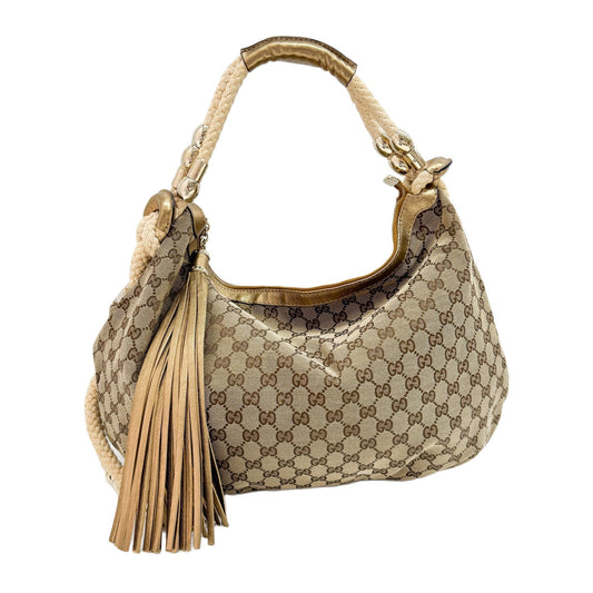 GG Fringe Brown Canvas Shoulder Bag