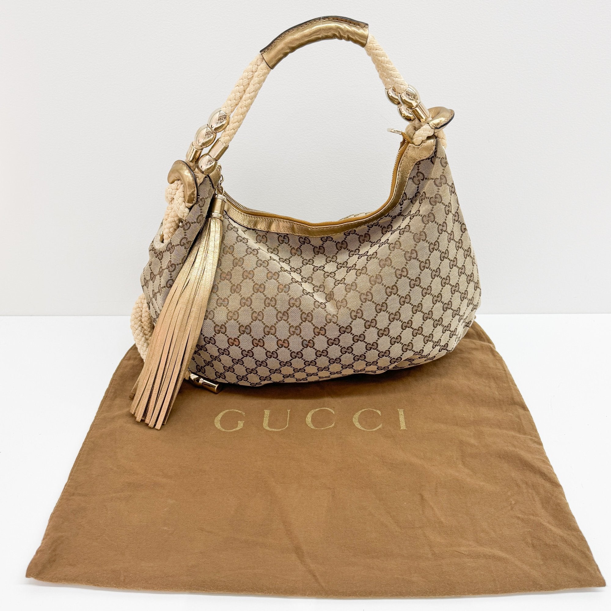 GG Fringe Brown Canvas Shoulder Bag