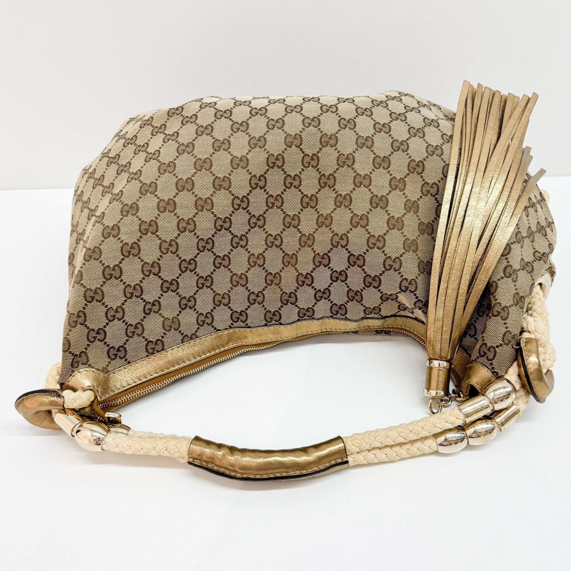 GG Fringe Brown Canvas Shoulder Bag