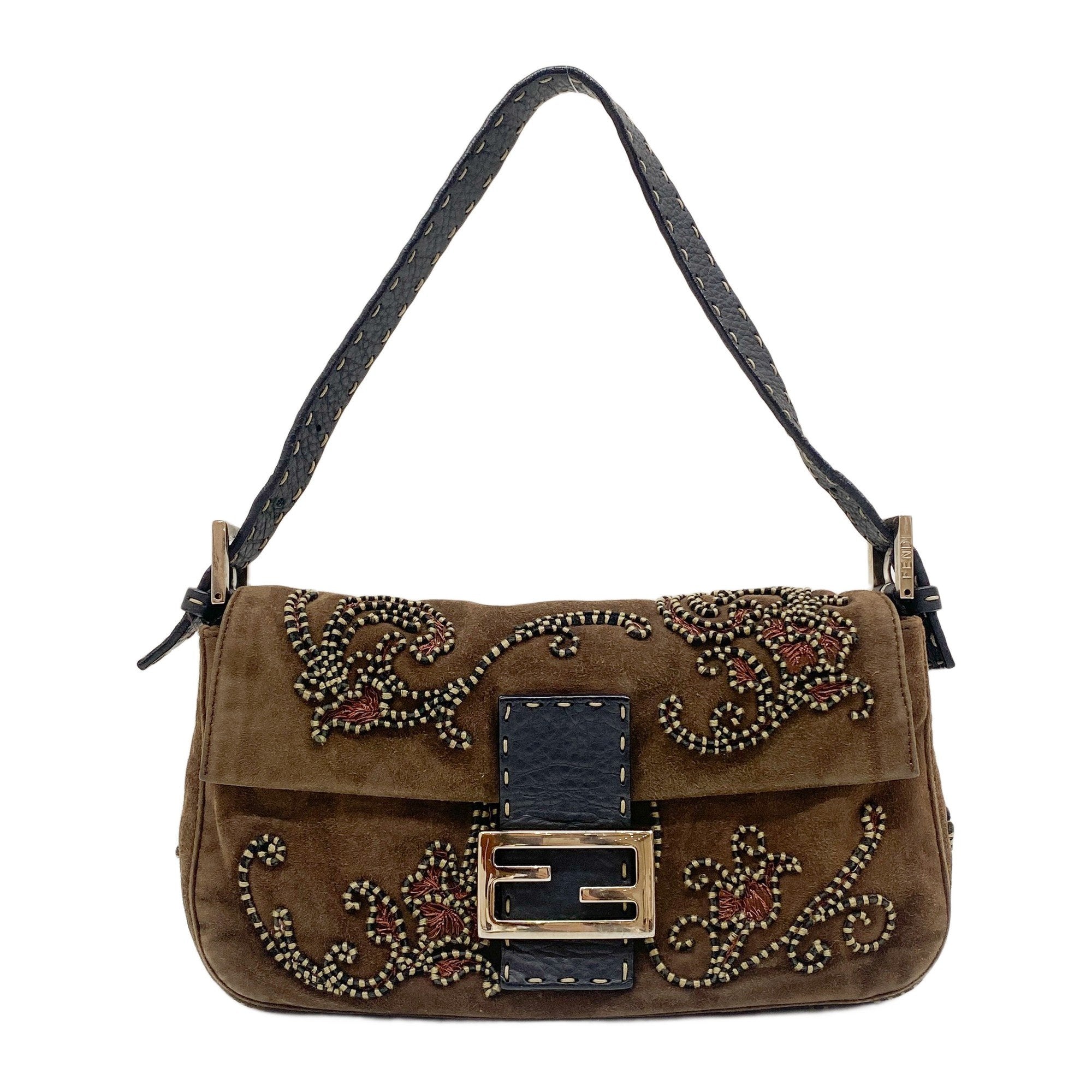 Baguette Embroidery Brown Suede Shoulder Bag