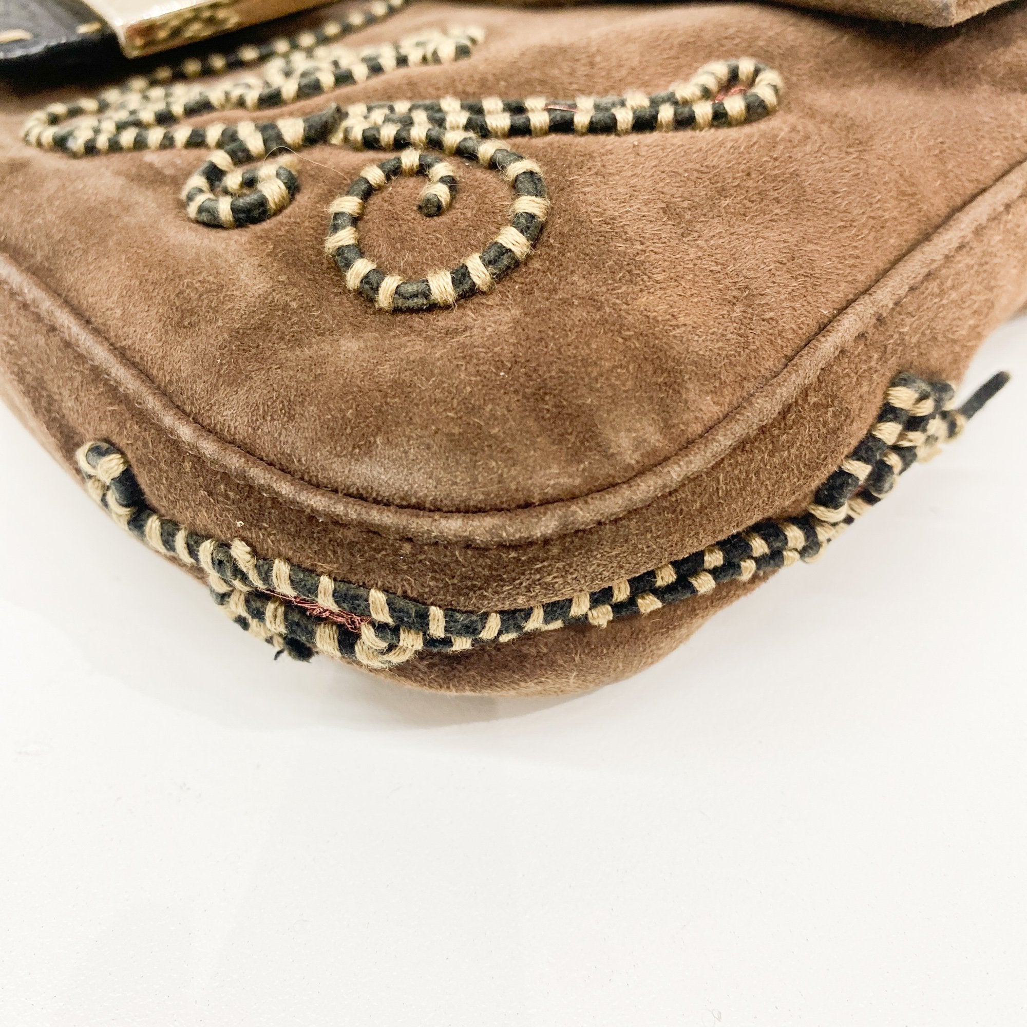 Baguette Embroidery Brown Suede Shoulder Bag