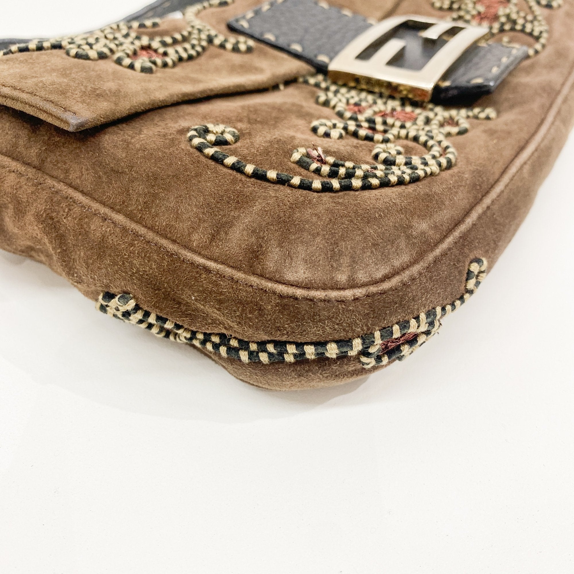 Baguette Embroidery Brown Suede Shoulder Bag