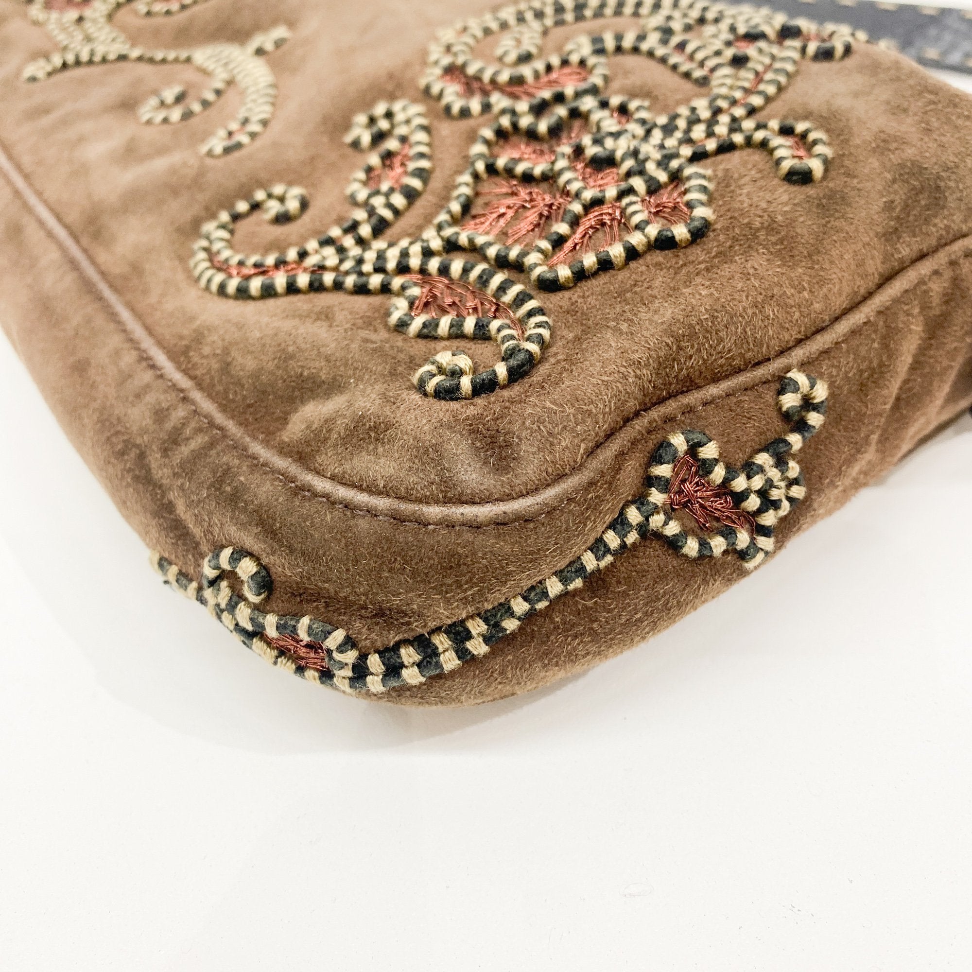 Baguette Embroidery Brown Suede Shoulder Bag
