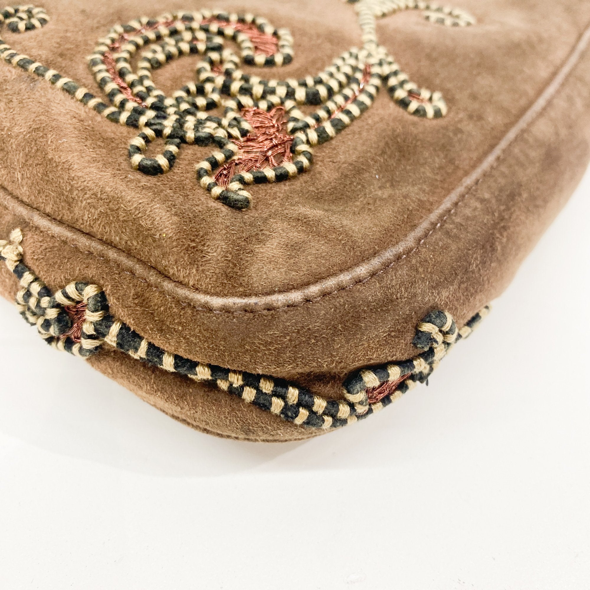 Baguette Embroidery Brown Suede Shoulder Bag