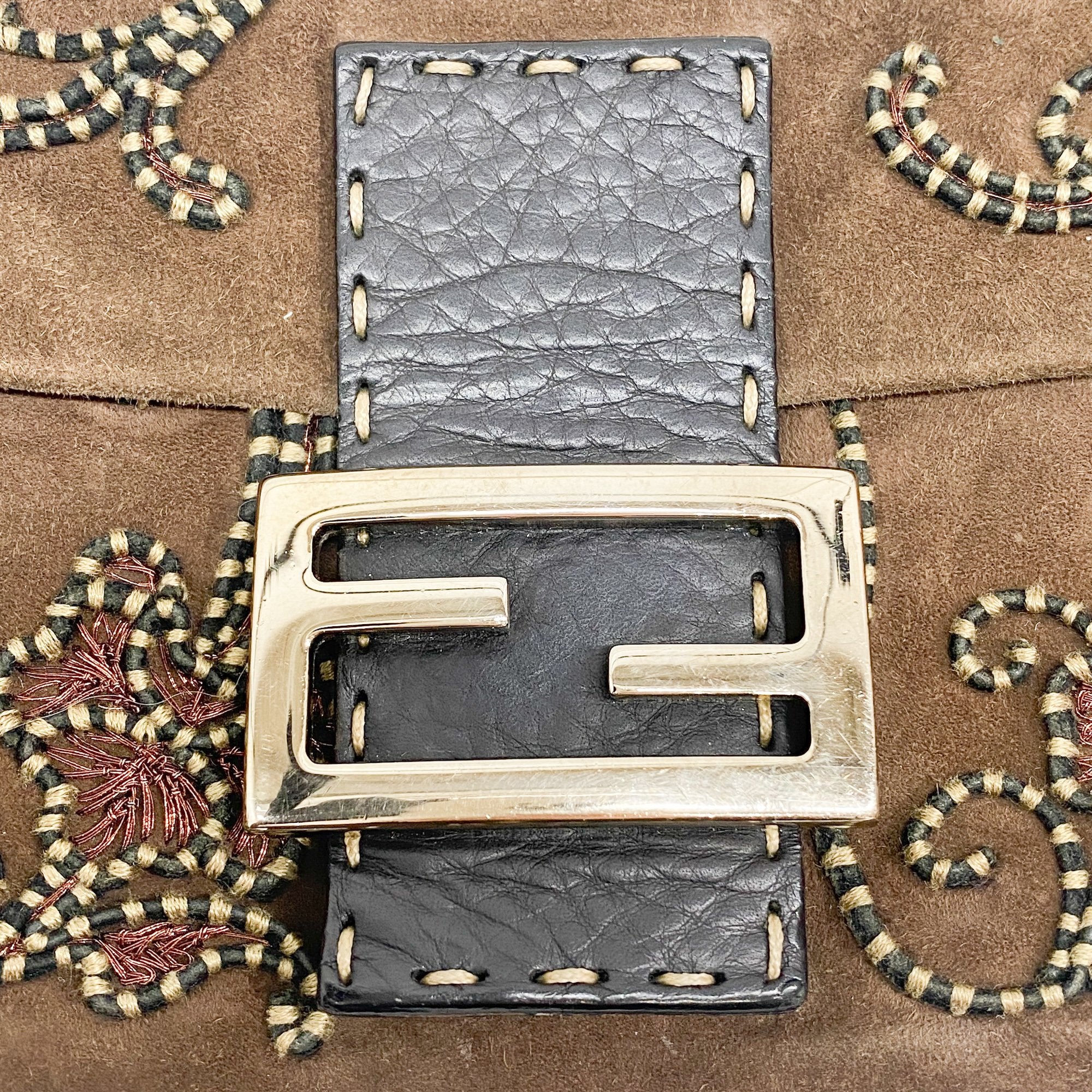 Baguette Embroidery Brown Suede Shoulder Bag