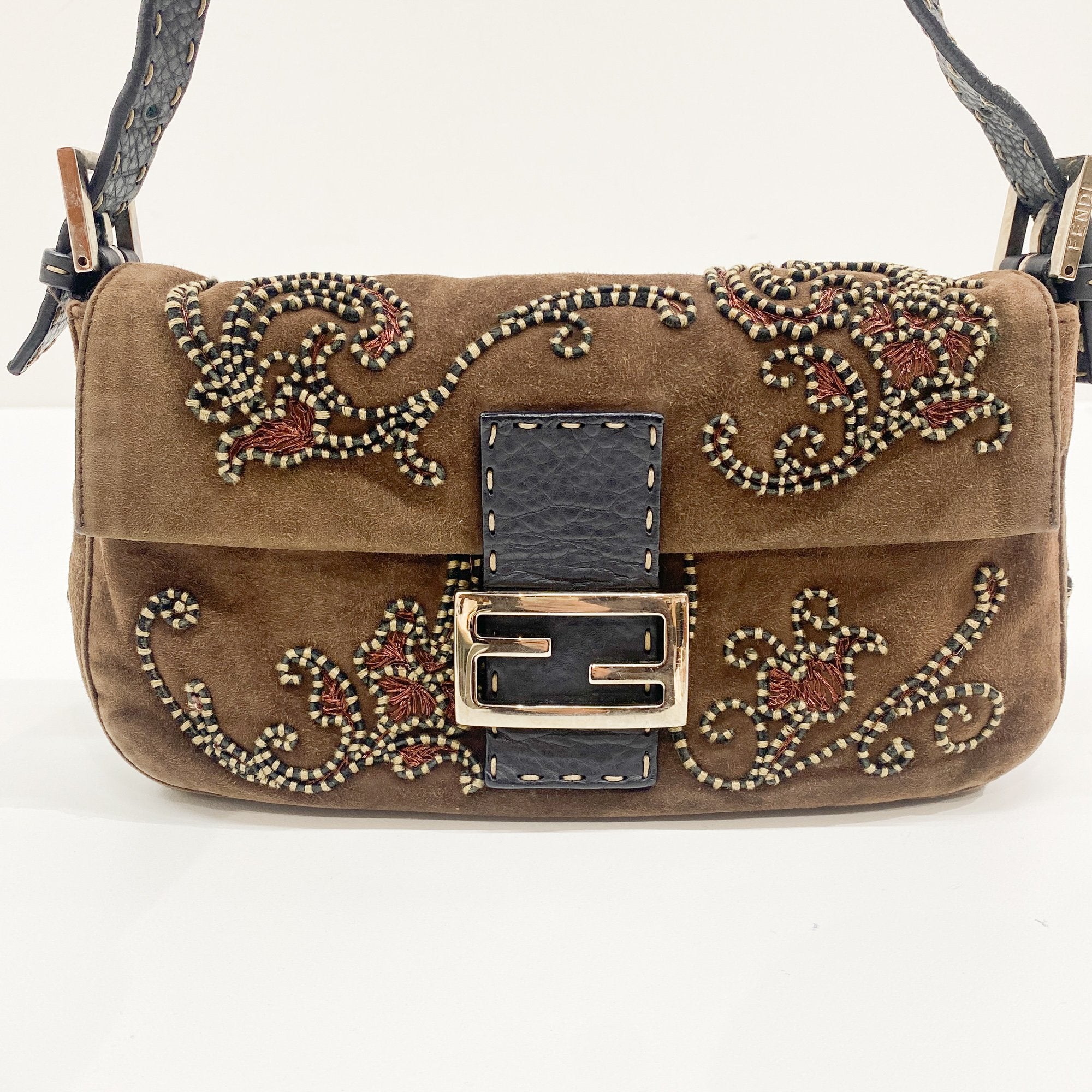 Baguette Embroidery Brown Suede Shoulder Bag