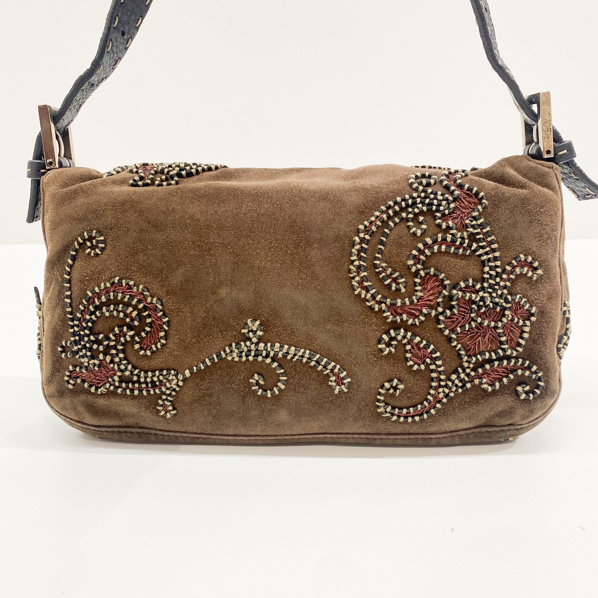 Baguette Embroidery Brown Suede Shoulder Bag