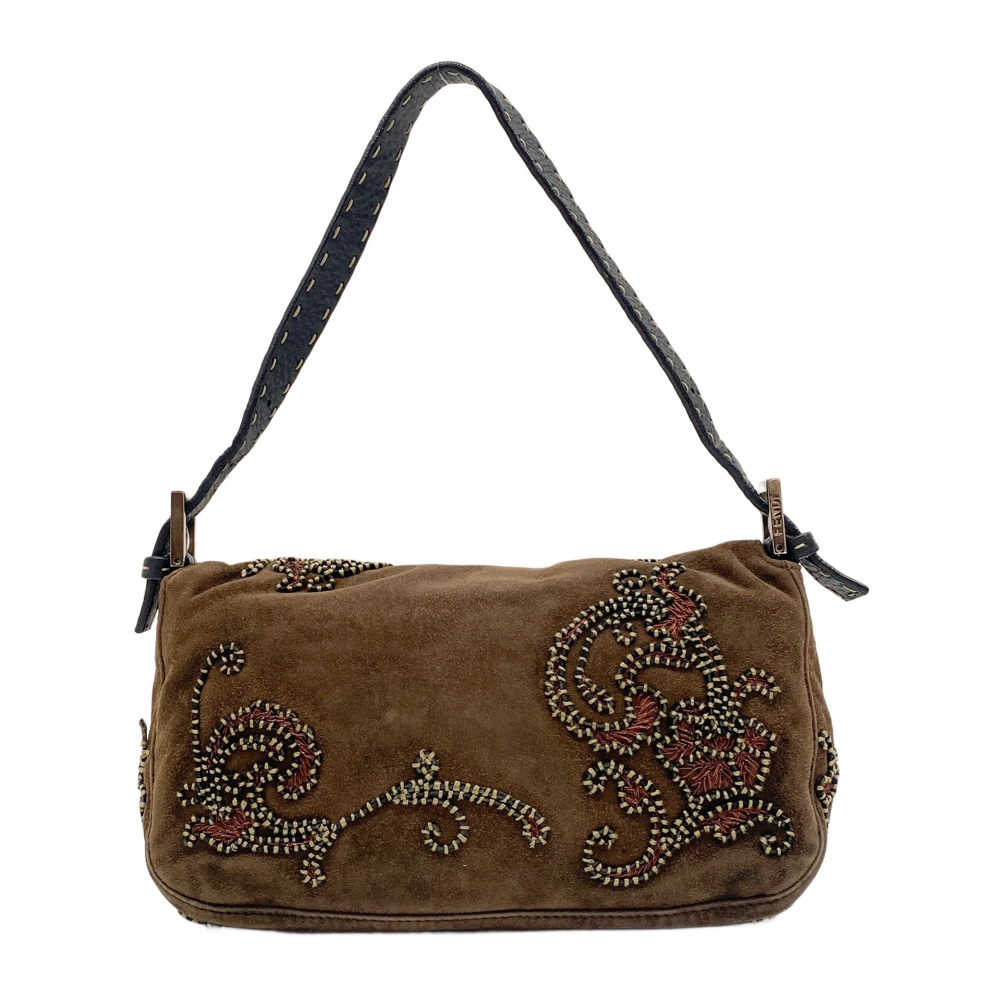 Baguette Embroidery Brown Suede Shoulder Bag