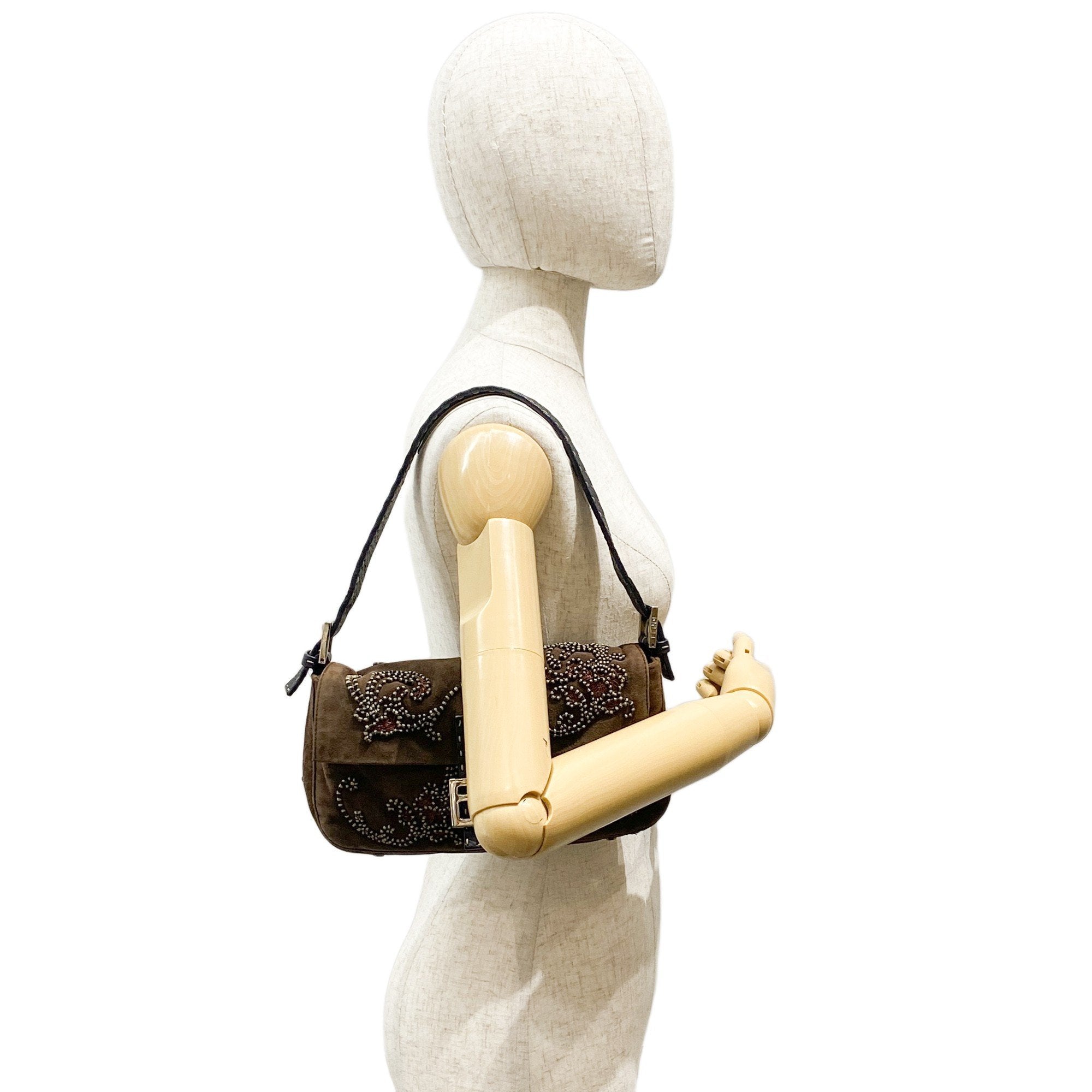 Baguette Embroidery Brown Suede Shoulder Bag