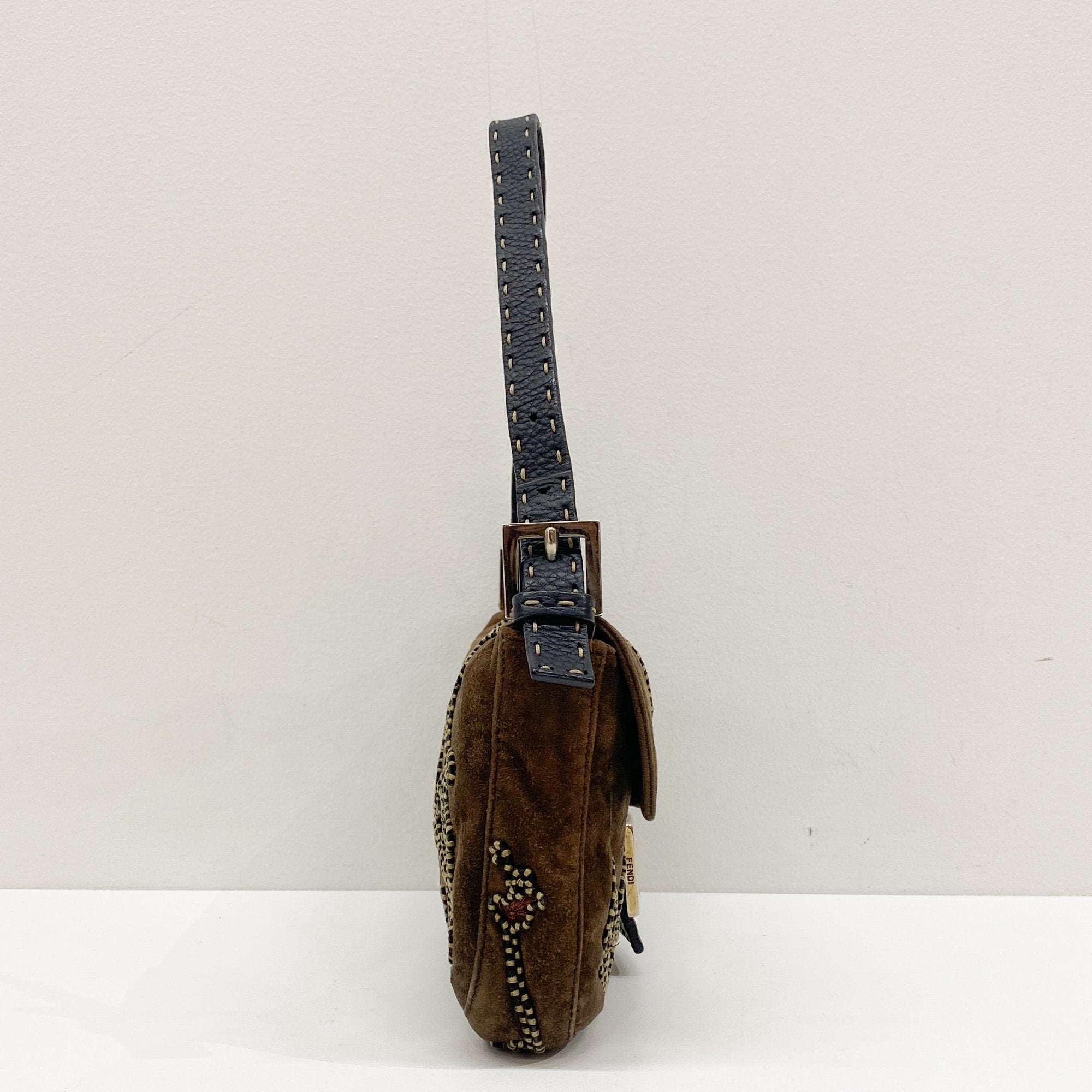 Baguette Embroidery Brown Suede Shoulder Bag