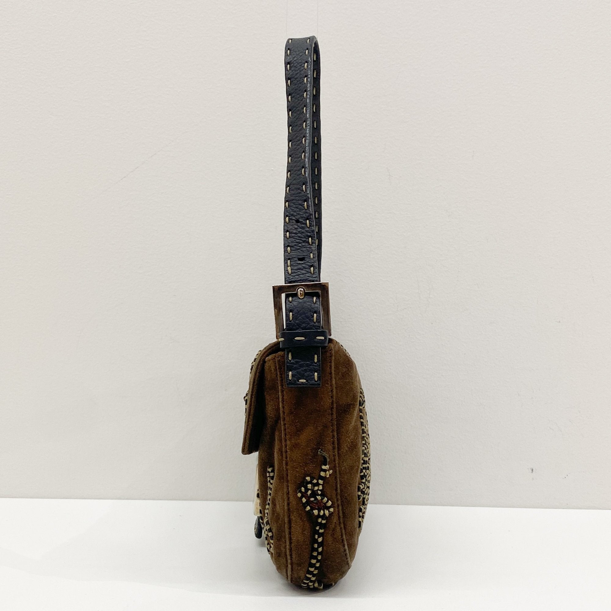 Baguette Embroidery Brown Suede Shoulder Bag