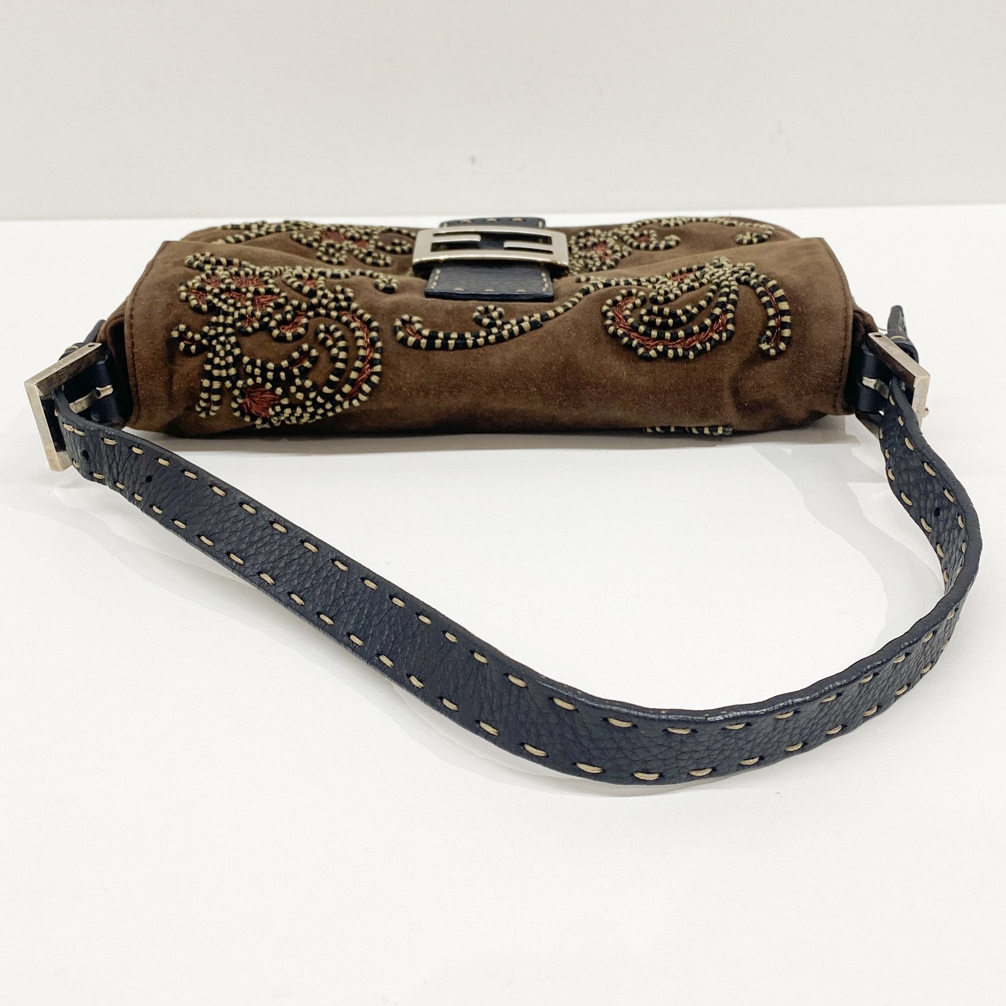 Baguette Embroidery Brown Suede Shoulder Bag