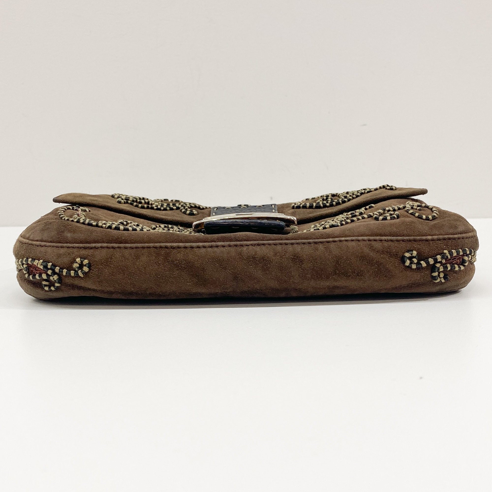 Baguette Embroidery Brown Suede Shoulder Bag