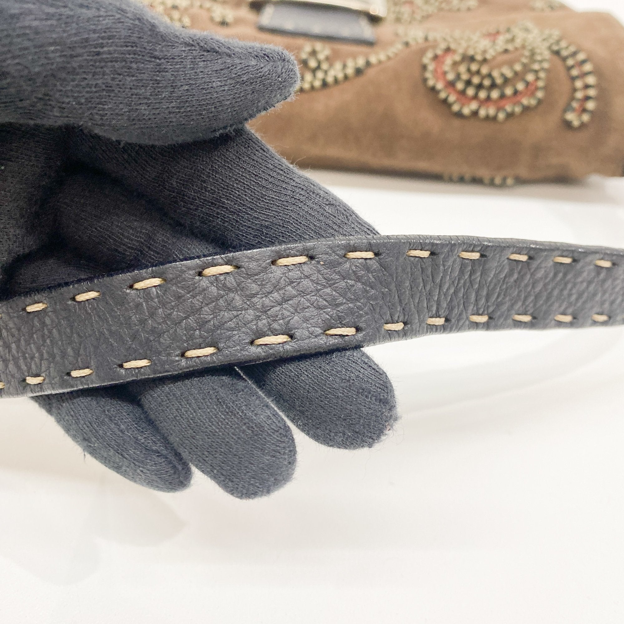 Baguette Embroidery Brown Suede Shoulder Bag