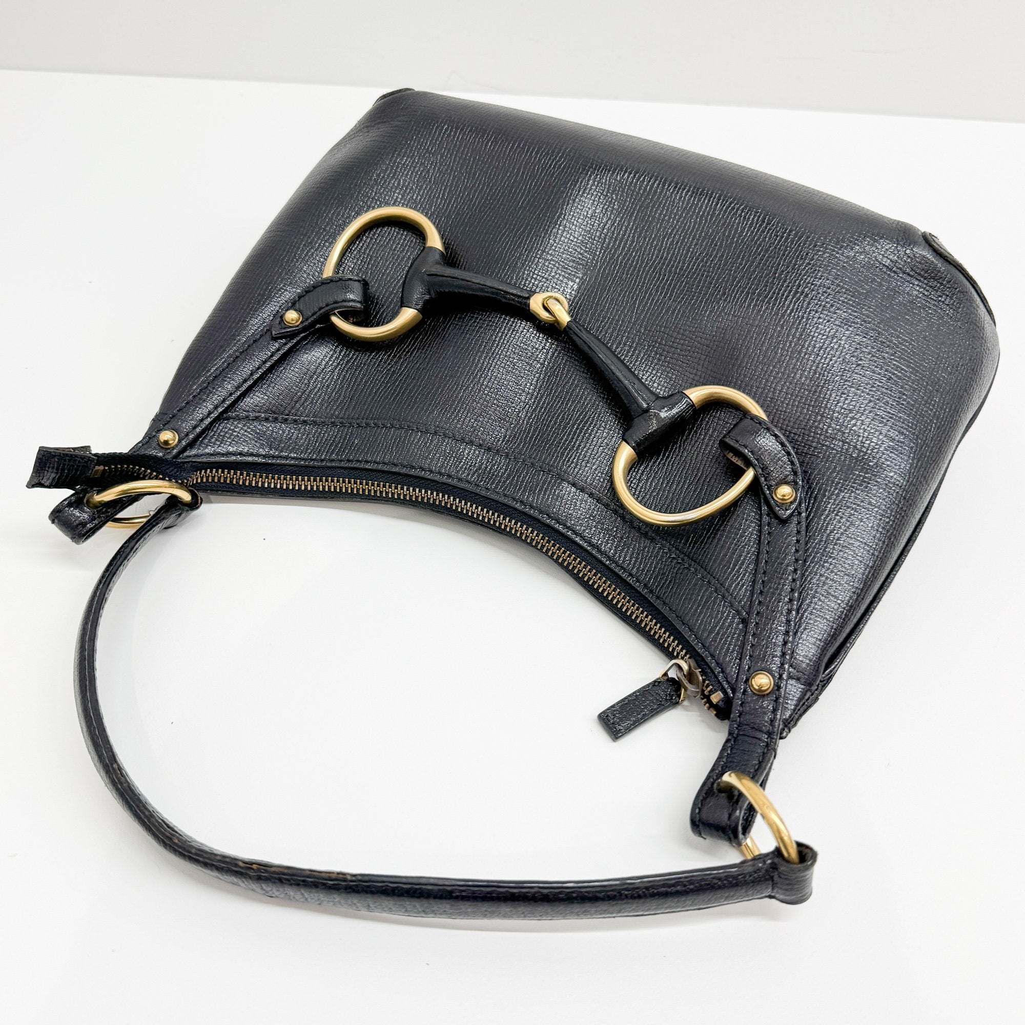 Horsebit Black Leather Shoulder Bag