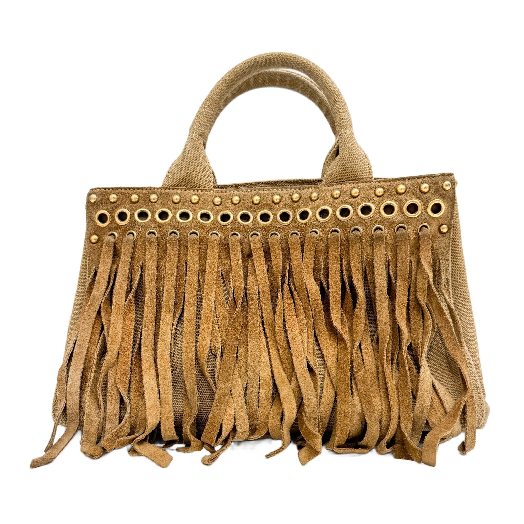 Canapa Eyelet Studs Fringe Brown Cotton Hand Bag
