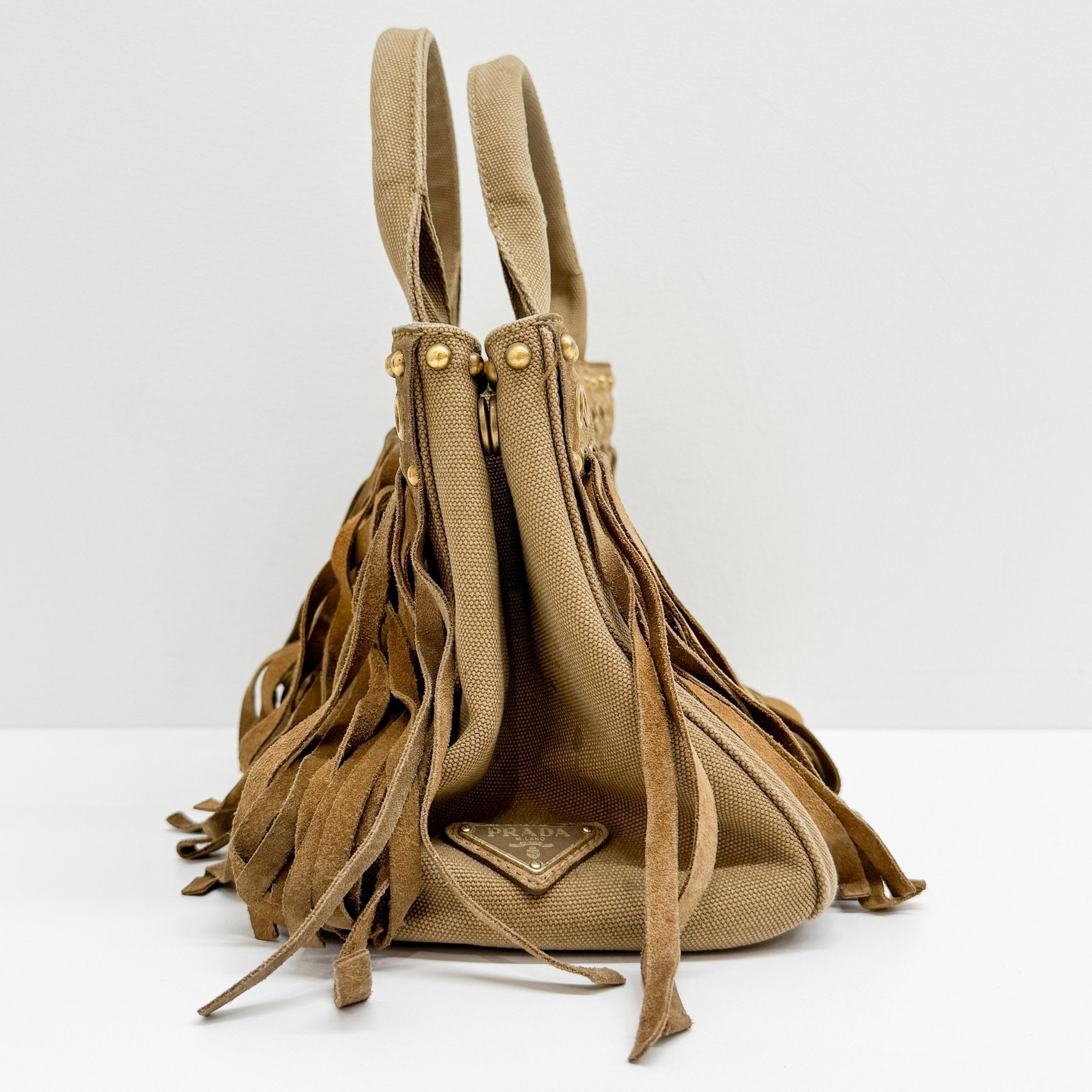 Canapa Eyelet Studs Fringe Brown Cotton Hand Bag