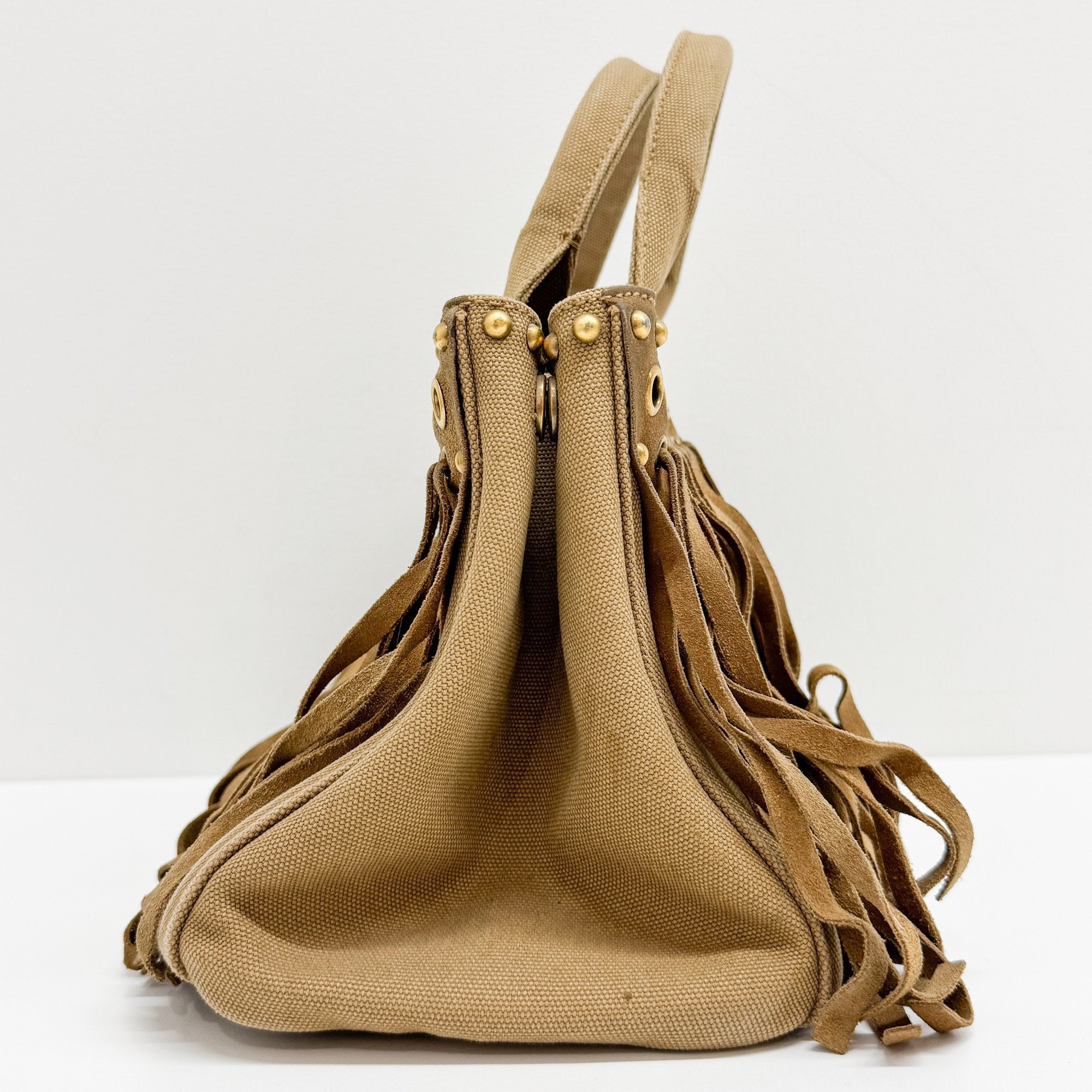 Canapa Eyelet Studs Fringe Brown Cotton Hand Bag