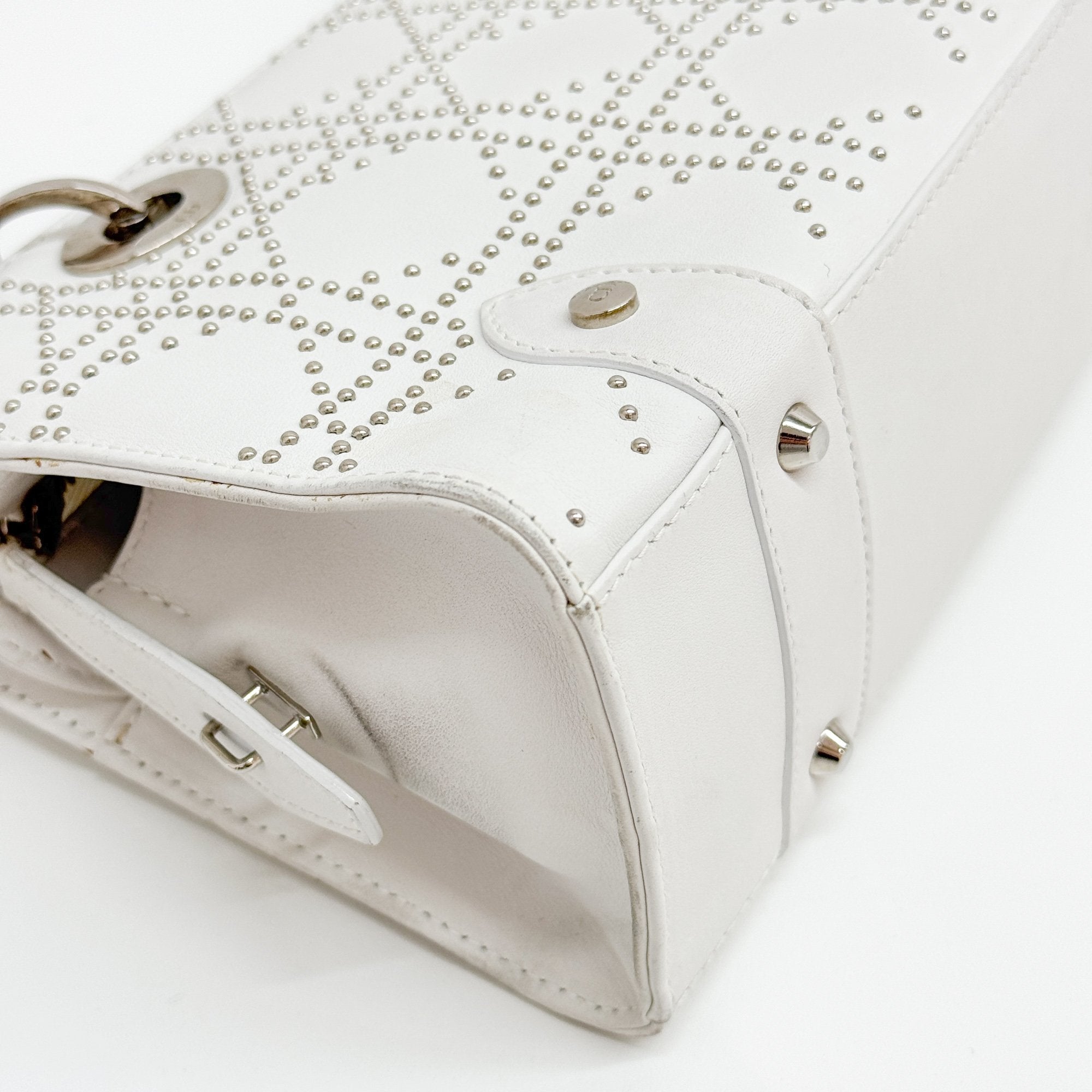 Limited Edition Lady Dior East West Studded White Leather Hand Bag